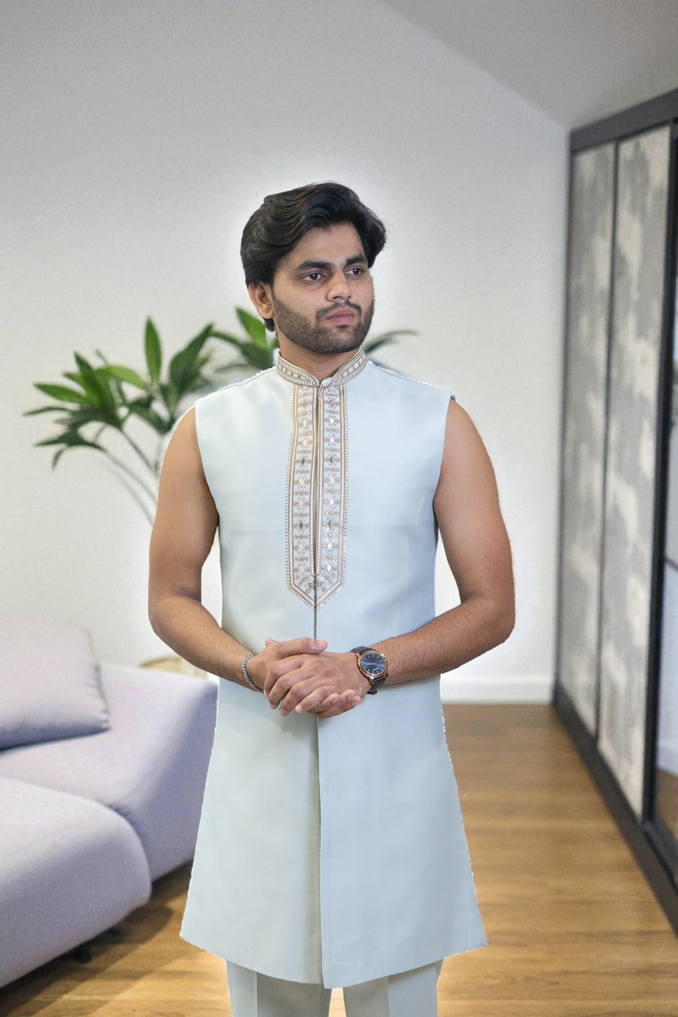 Sky Blue Indo Western Suit for Men – Ambani Wedding Style with Multicolor Flower Embroidery - Image 7