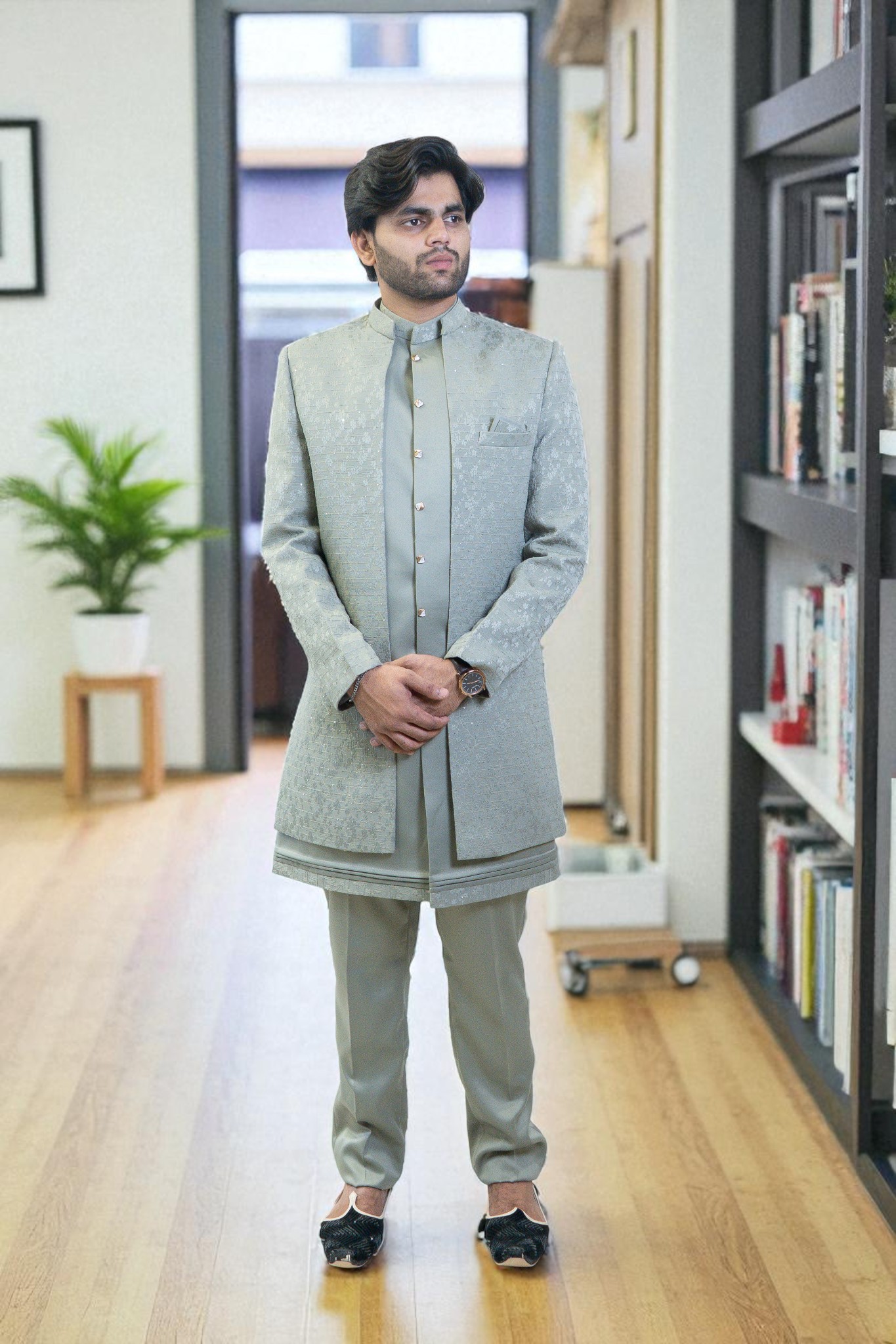 Light Green Indo Western Suit for Men – Elegant Patti Thread Work in Premium Suiting Fabric - Image 3