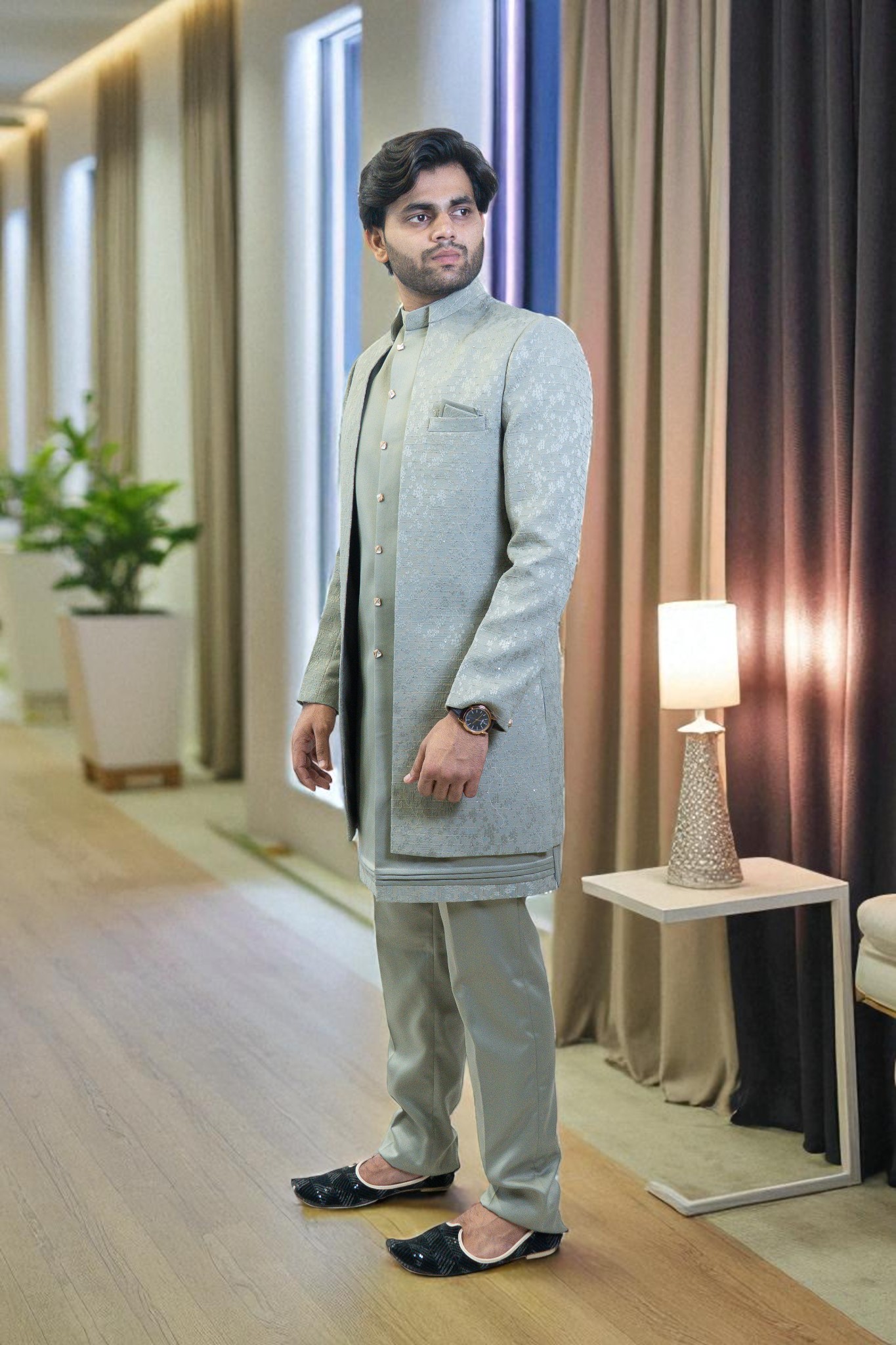 Light Green Indo Western Suit for Men – Elegant Patti Thread Work in Premium Suiting Fabric - Image 4