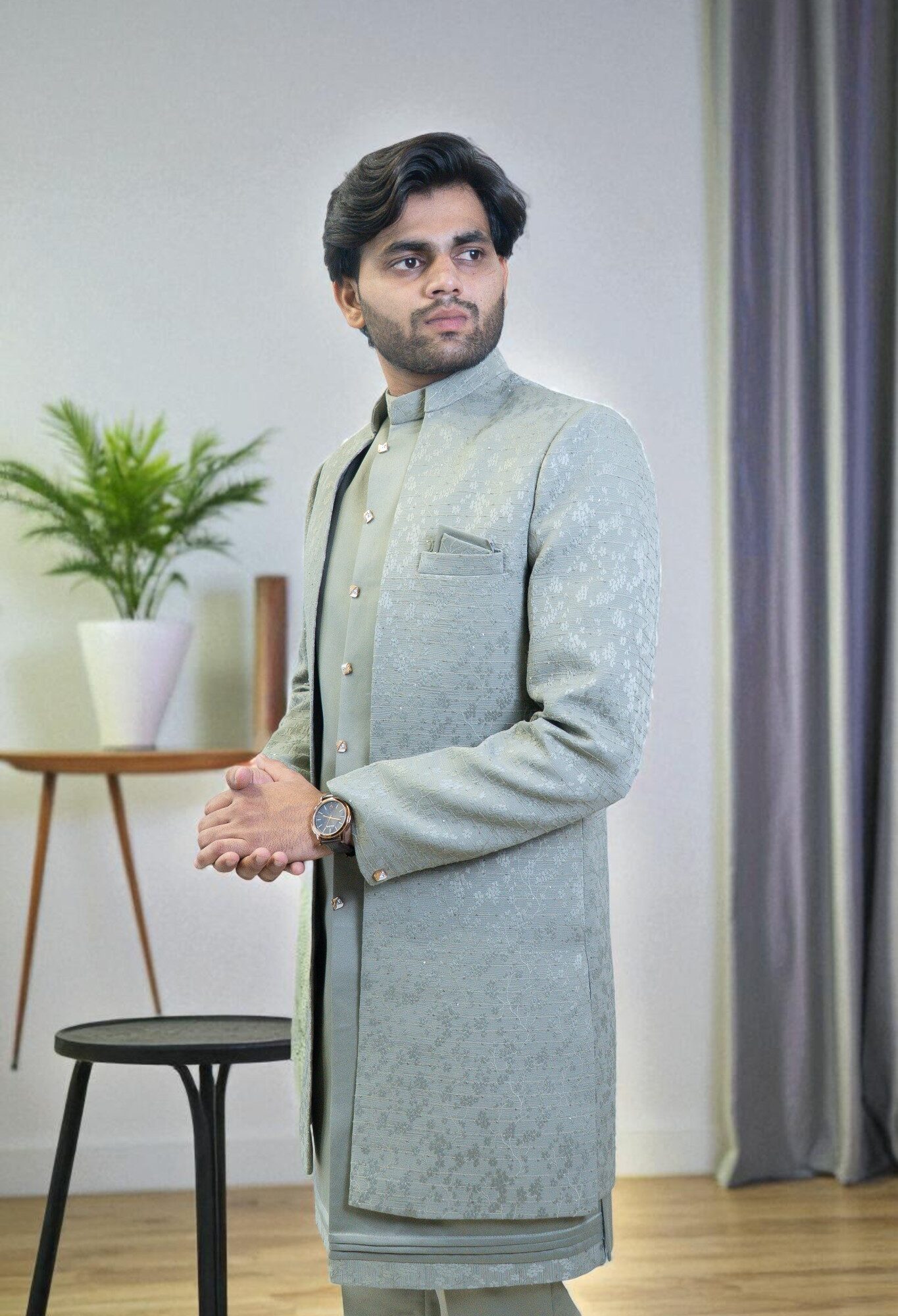 Light Green Indo Western Suit for Men – Elegant Patti Thread Work in Premium Suiting Fabric