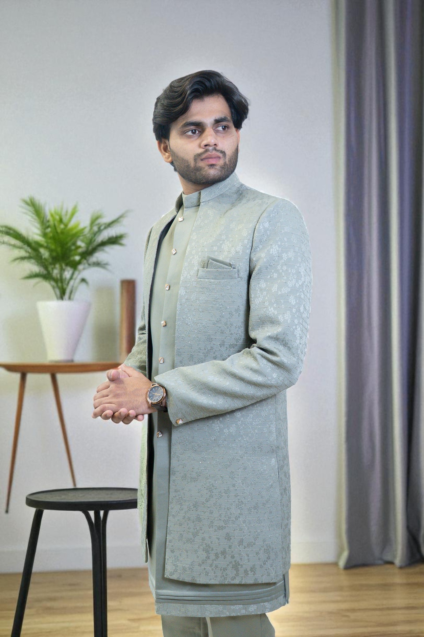 Light Green Indo Western Suit for Men – Elegant Patti Thread Work in Premium Suiting Fabric