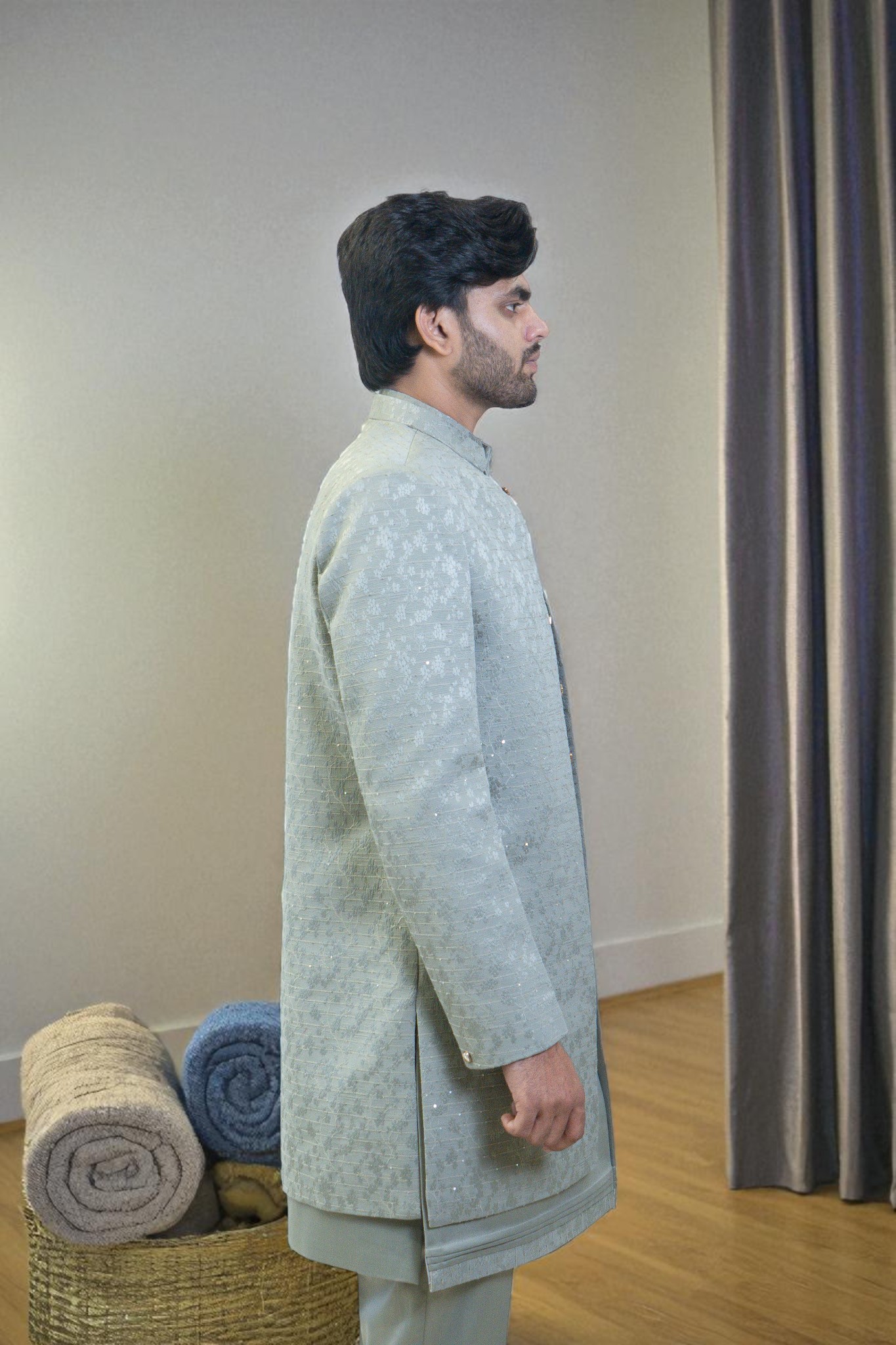 Light Green Indo Western Suit for Men – Elegant Patti Thread Work in Premium Suiting Fabric - Image 5