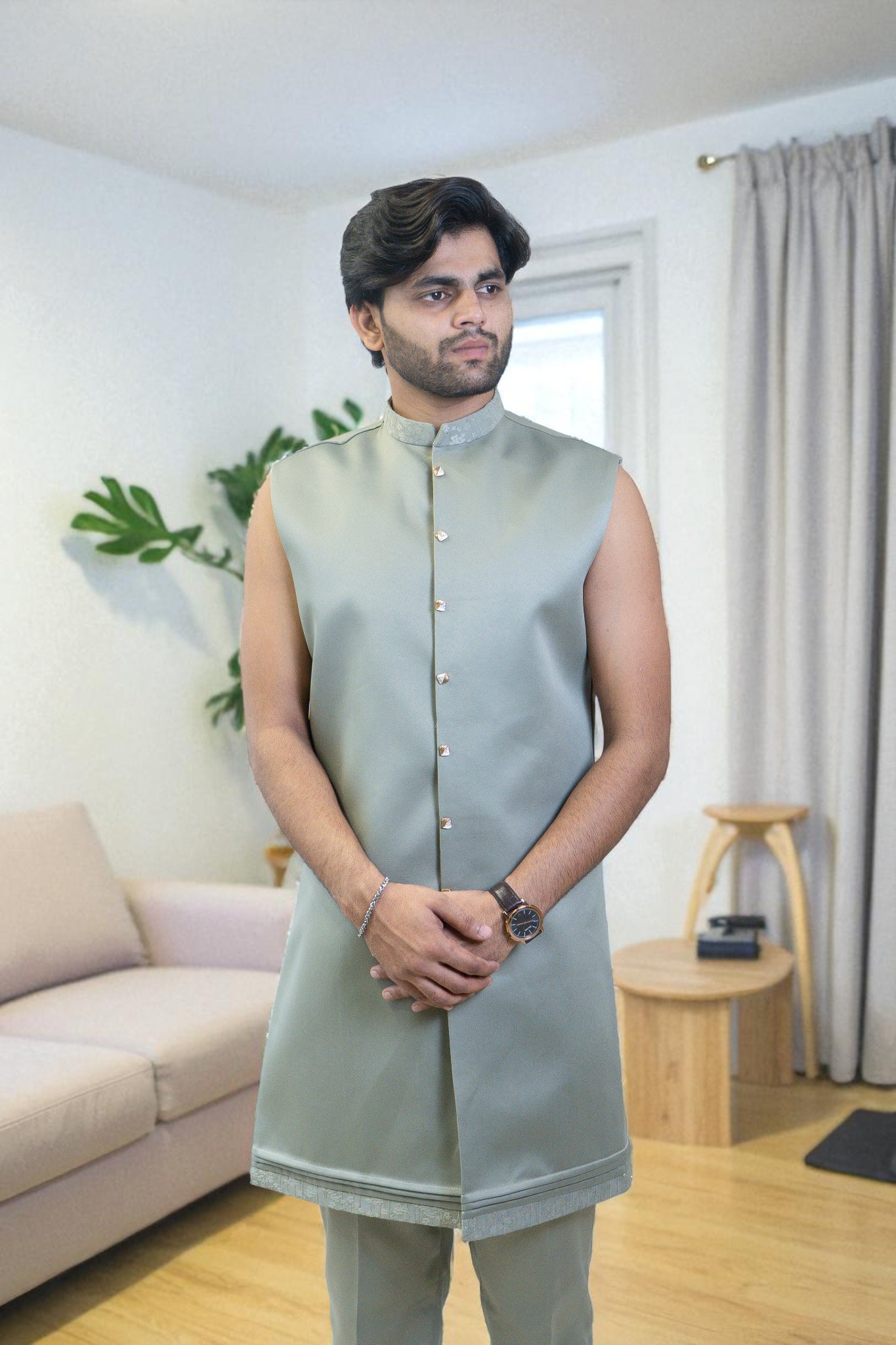 Light Green Indo Western Suit for Men – Elegant Patti Thread Work in Premium Suiting Fabric - Image 2