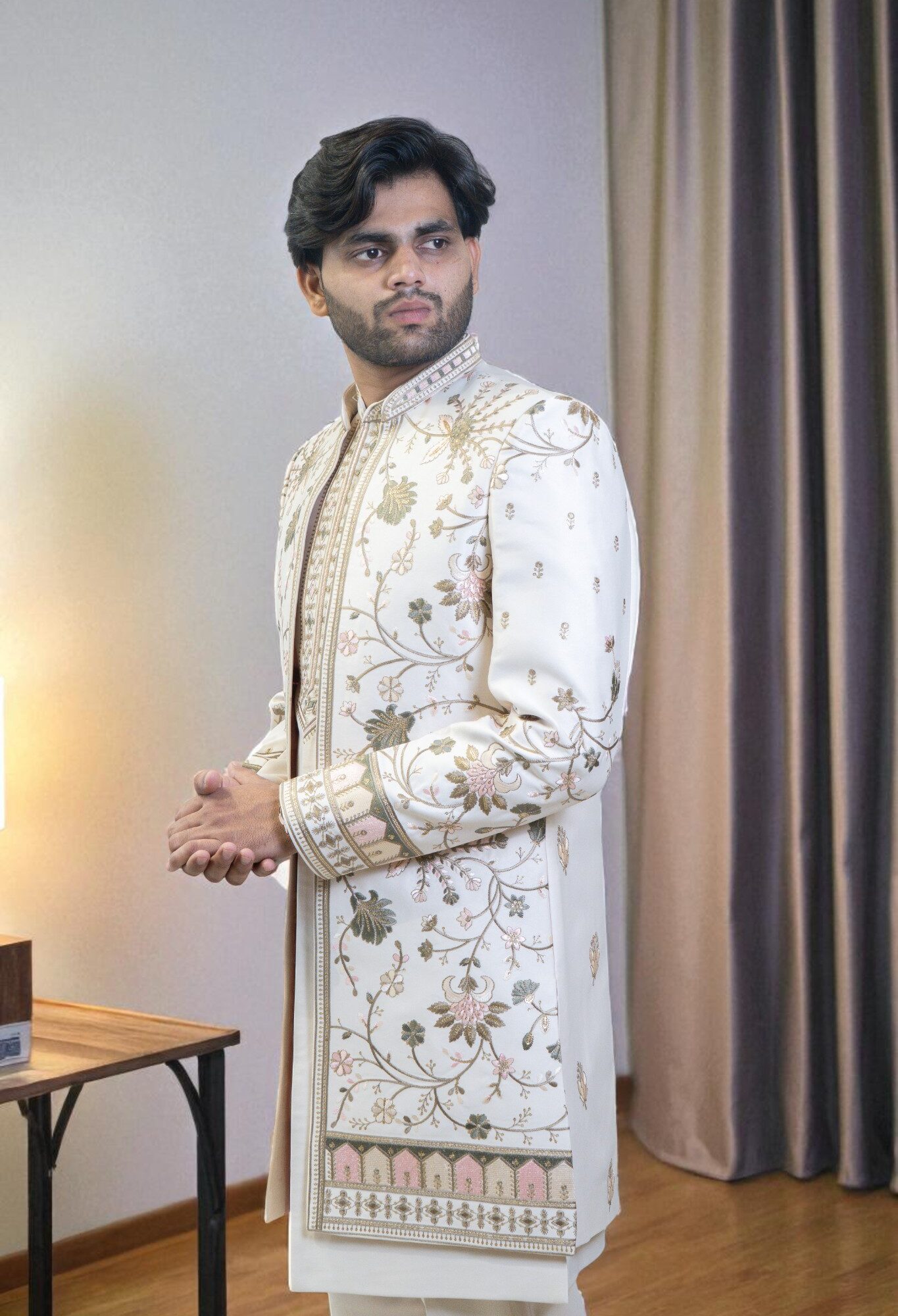Cream Indo Western Suit for Men – Ambani Wedding Style with Multicolor Flower Embroidery