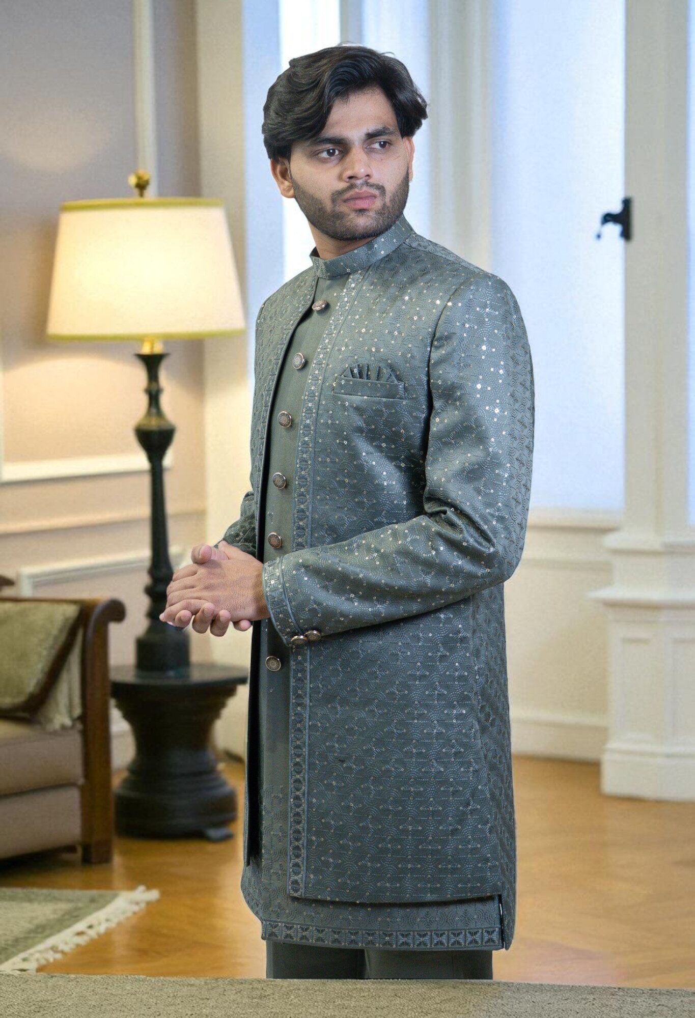 Grey Indo Western Set for Men – Suiting Fabric with Sequin Design and Sharq Style