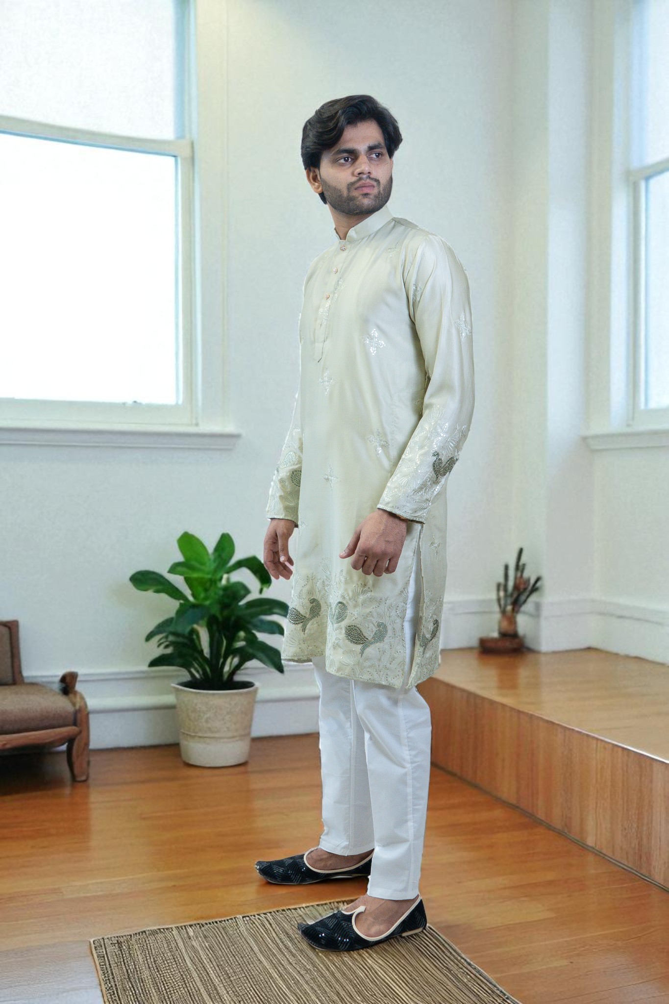 Lemon Designer Kurta Pajama – Peacock Embroidery | Men’s Ethnic Wear - Image 2