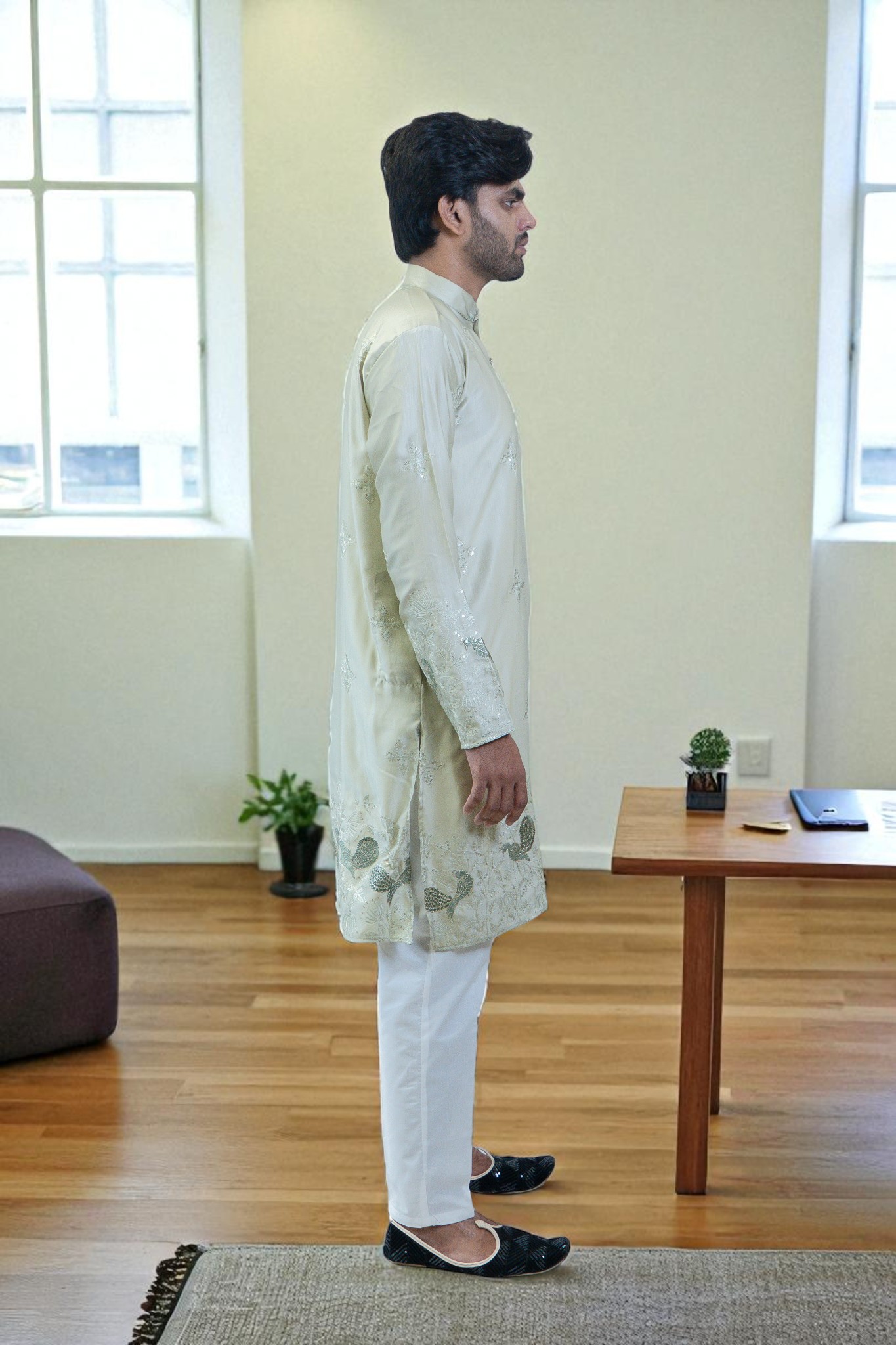 Lemon Designer Kurta Pajama – Peacock Embroidery | Men’s Ethnic Wear - Image 3