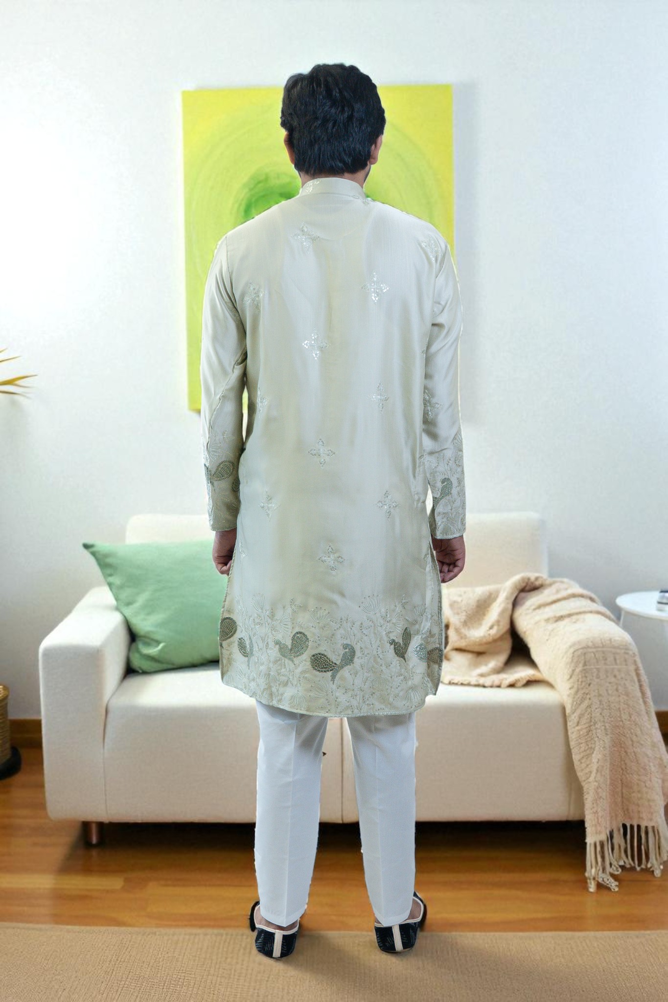 Lemon Designer Kurta Pajama – Peacock Embroidery | Men’s Ethnic Wear - Image 4