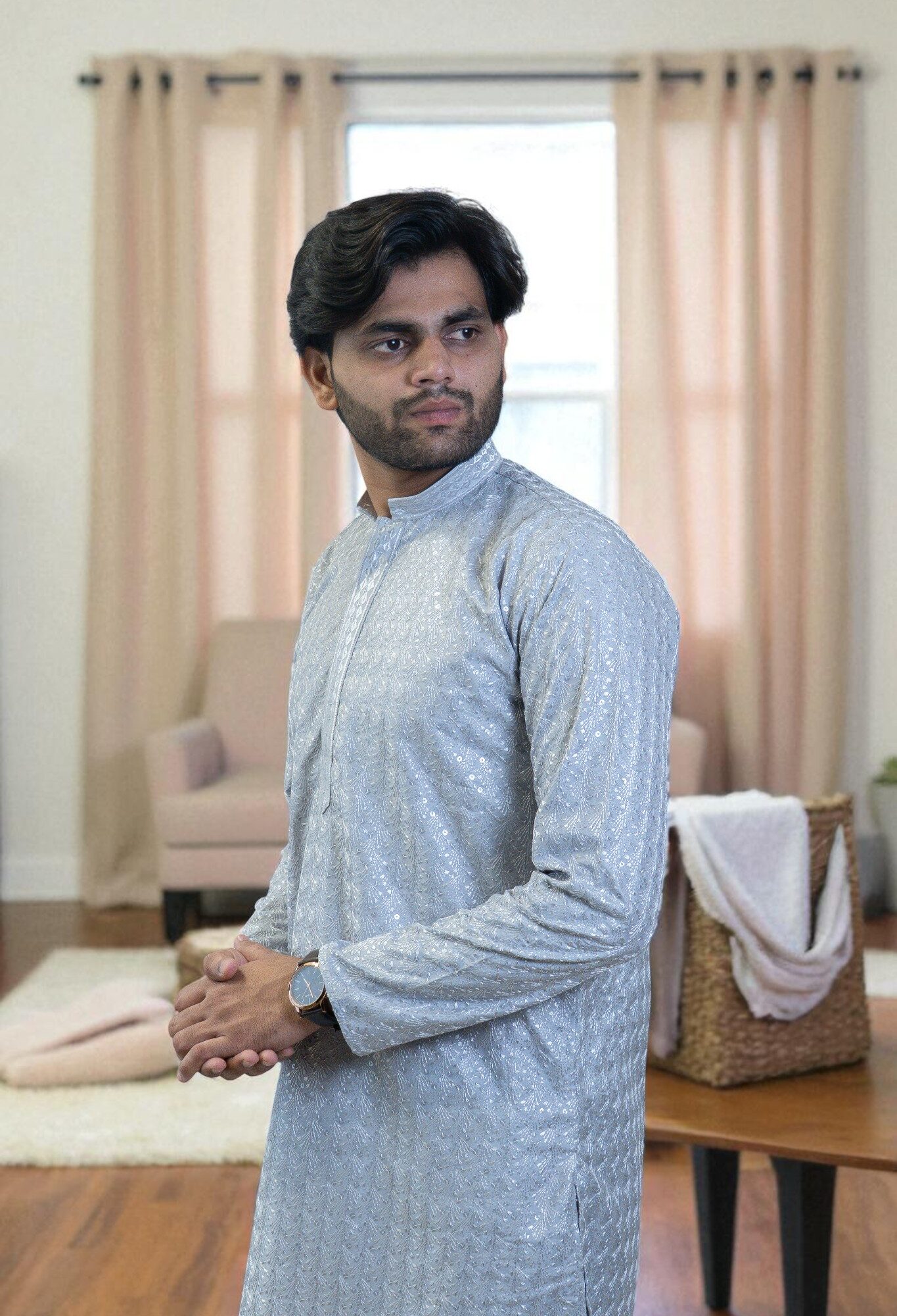 Grey Designer Kurta with Thread Work & Paint-Style Pajama – Cotton Silk Party Wear for Men
