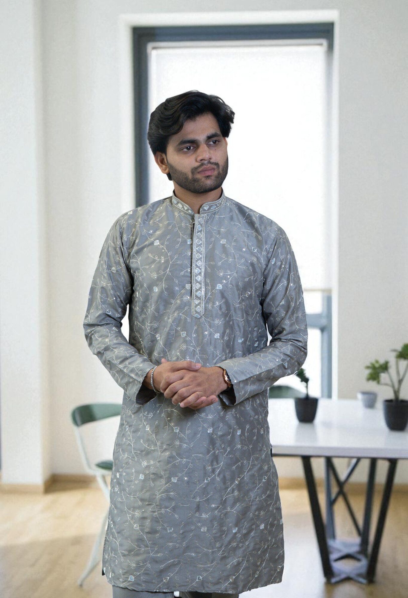 Grey Kurta with Leaf Embroidery & Paint-Style Pajama – Cotton Silk Party Wear for Men