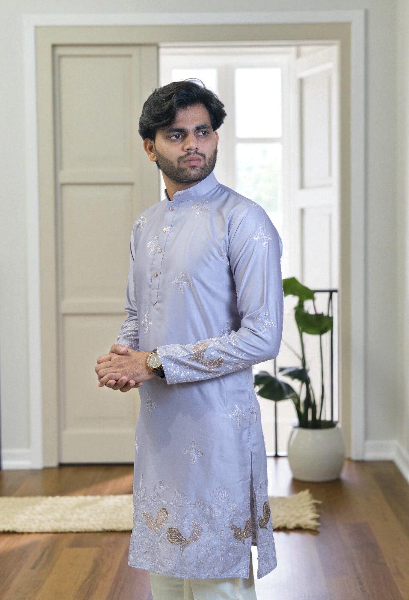 Lavender Designer Kurta with Peacock Embroidery and White Pajama