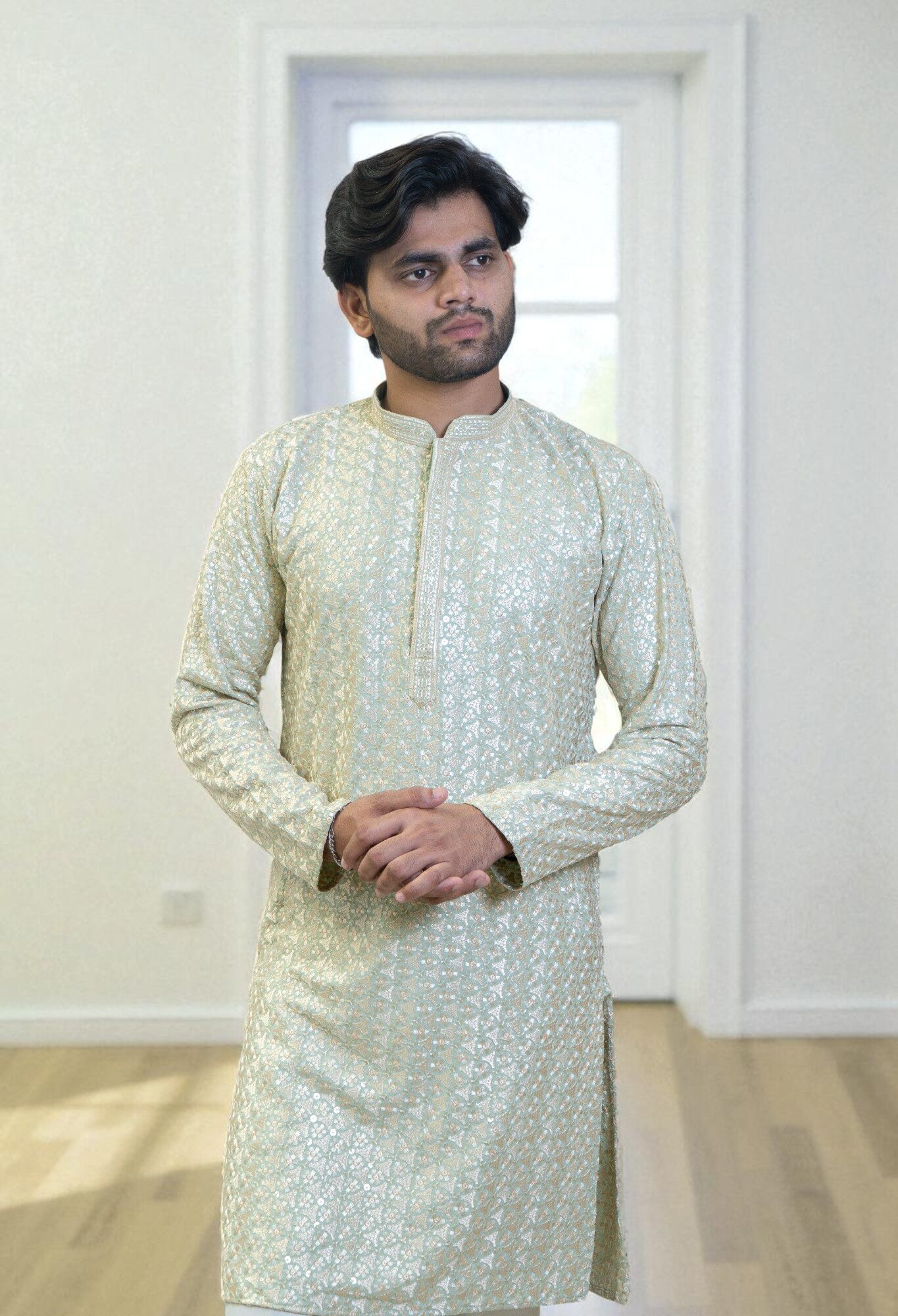 Lemon Yellow Kurta Pajama with Golden Dhaga Gala Embroidery