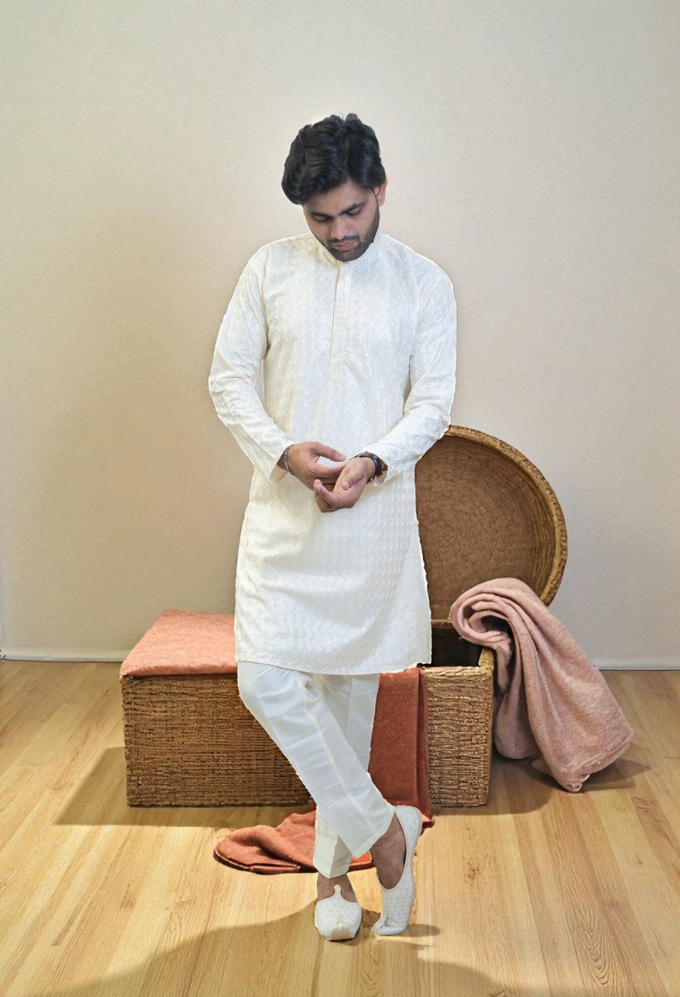 Off White Kurta Pajama with White Thread Gala Embroidery