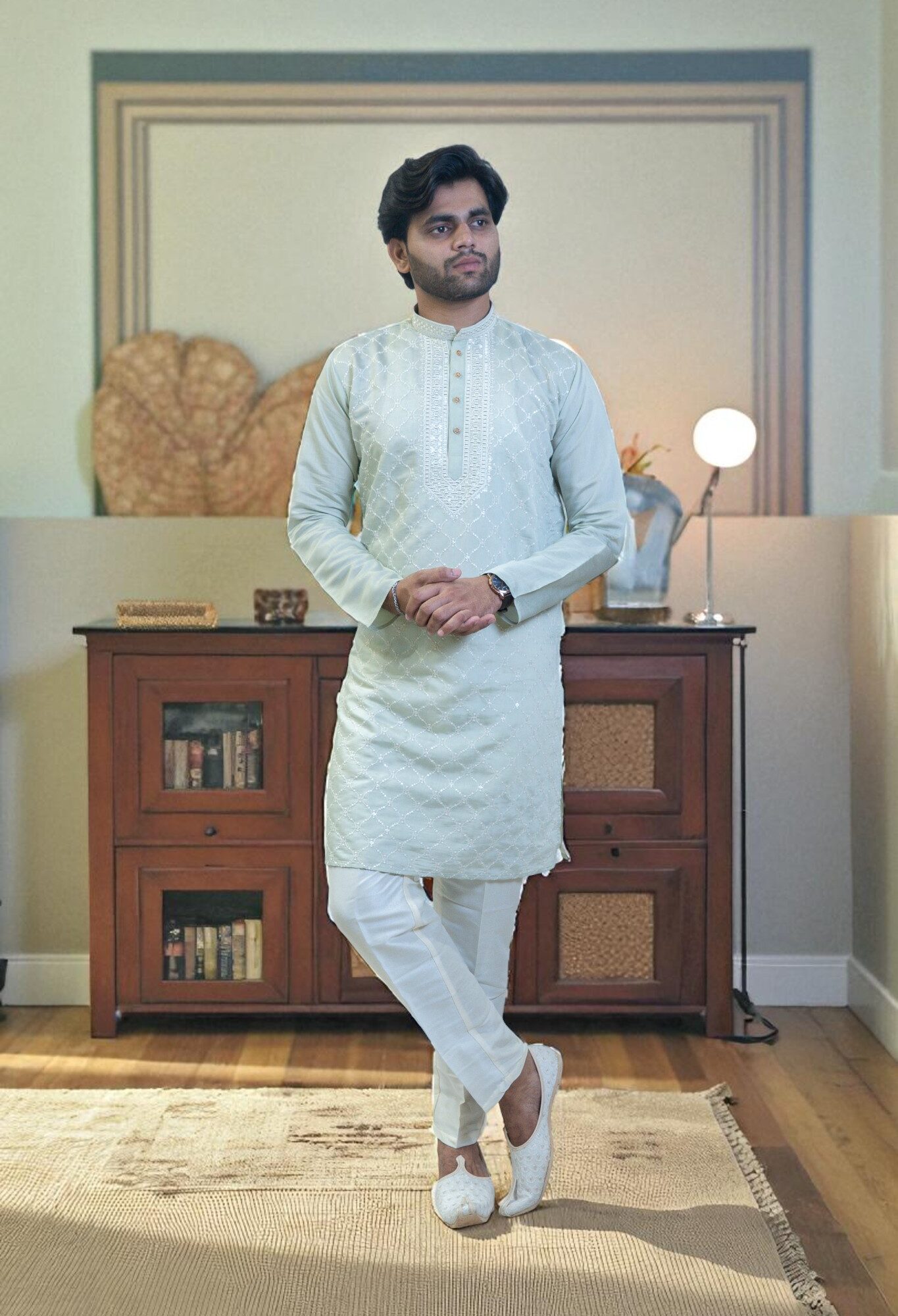 Sky Blue Kurta Pajama with White Thread Gala Embroidery