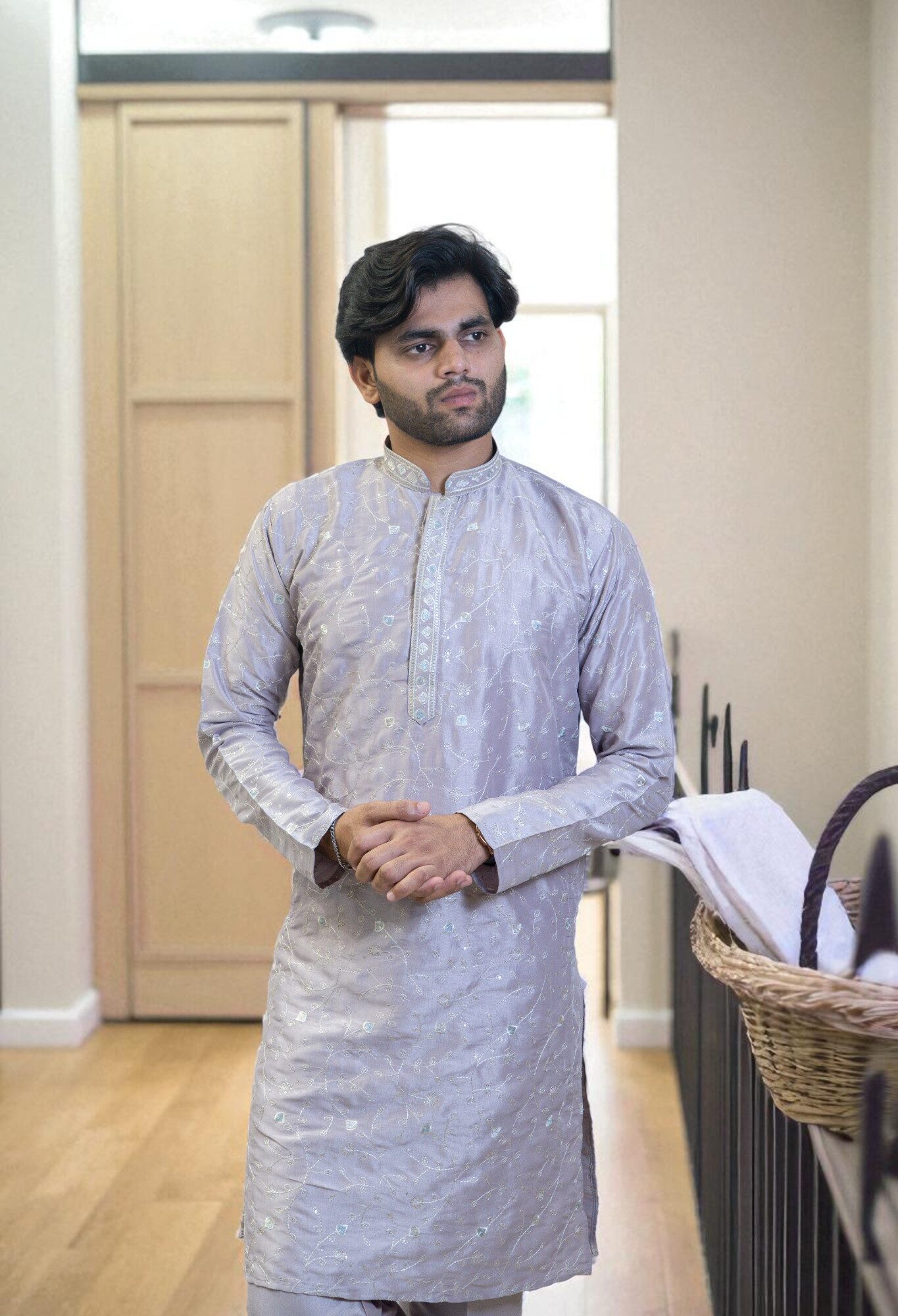 Grey Cotton Silk Men’s Kurta Pajama with Full Leaf Embroidery & Gala Design