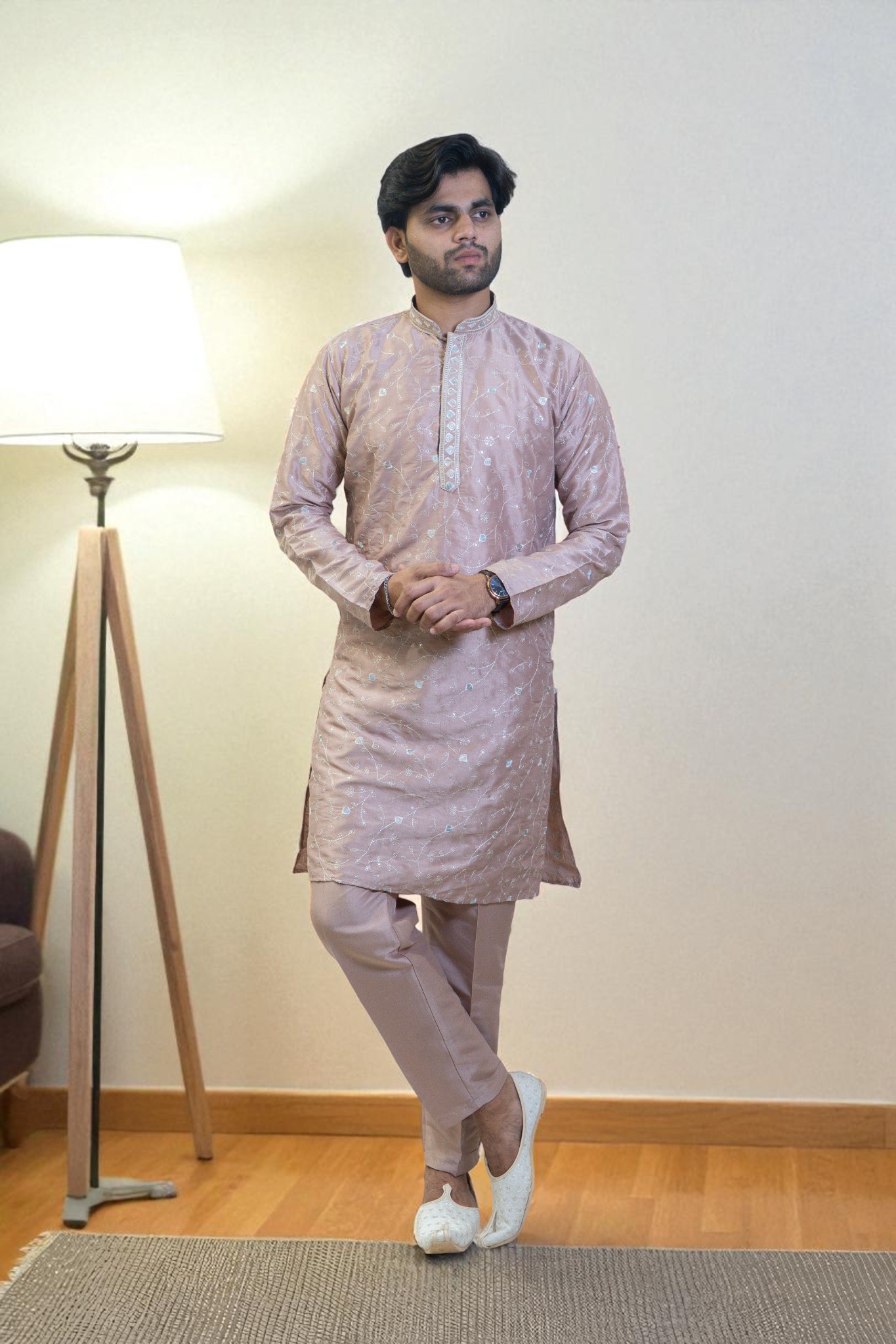 Men’s Kurta Pajama with Full Leaf Embroidery & Gala Design - Image 3