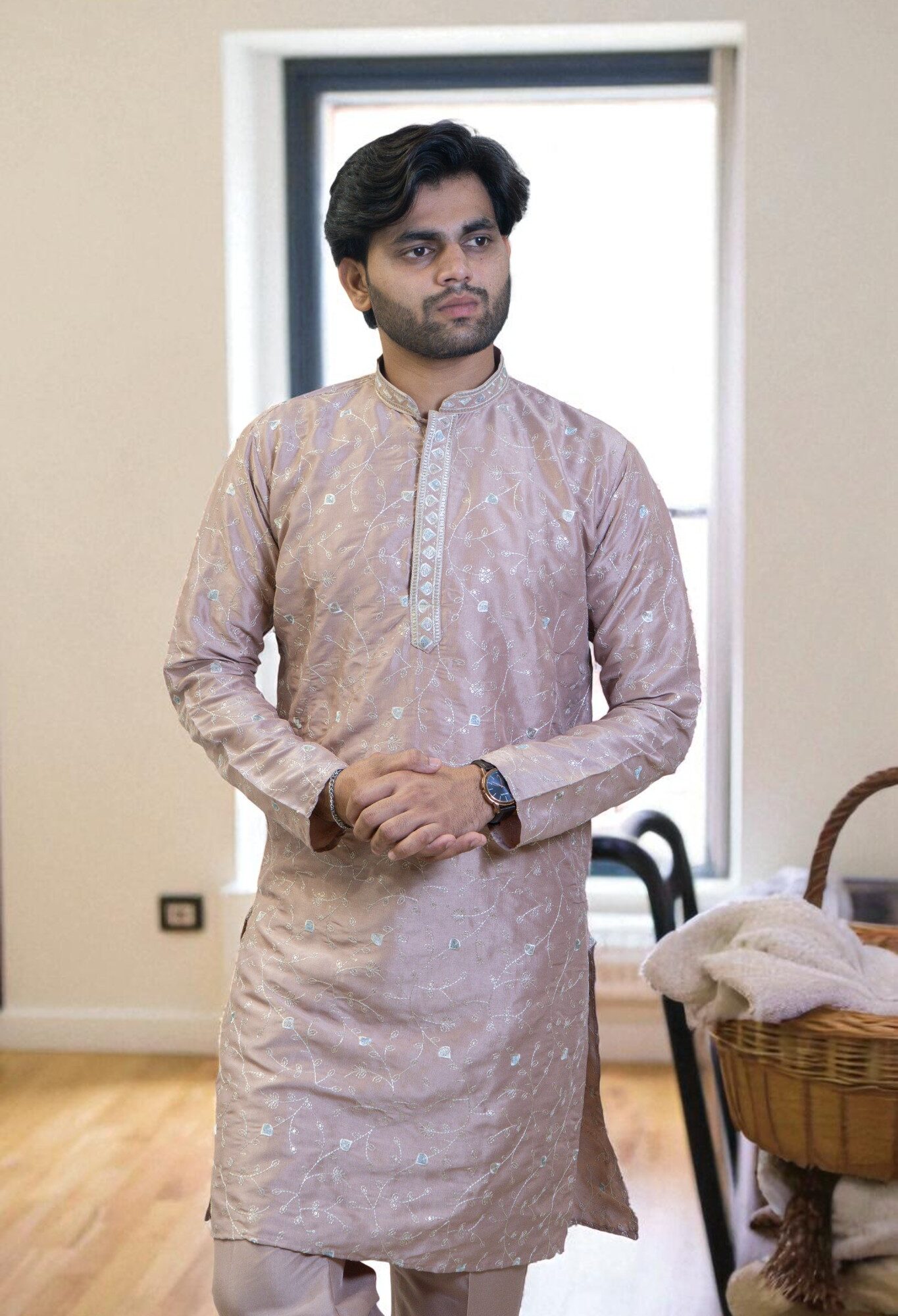 Men’s Kurta Pajama with Full Leaf Embroidery & Gala Design