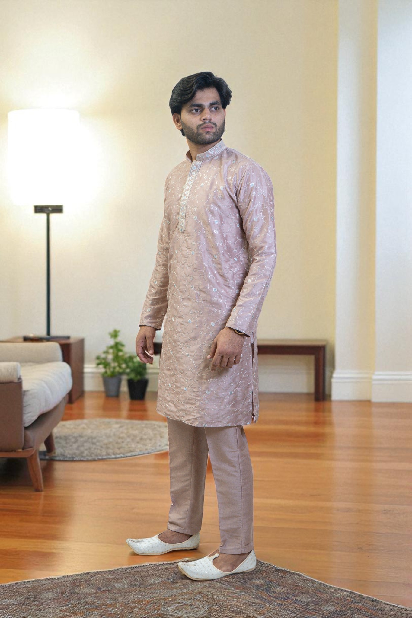 Men’s Kurta Pajama with Full Leaf Embroidery & Gala Design - Image 2