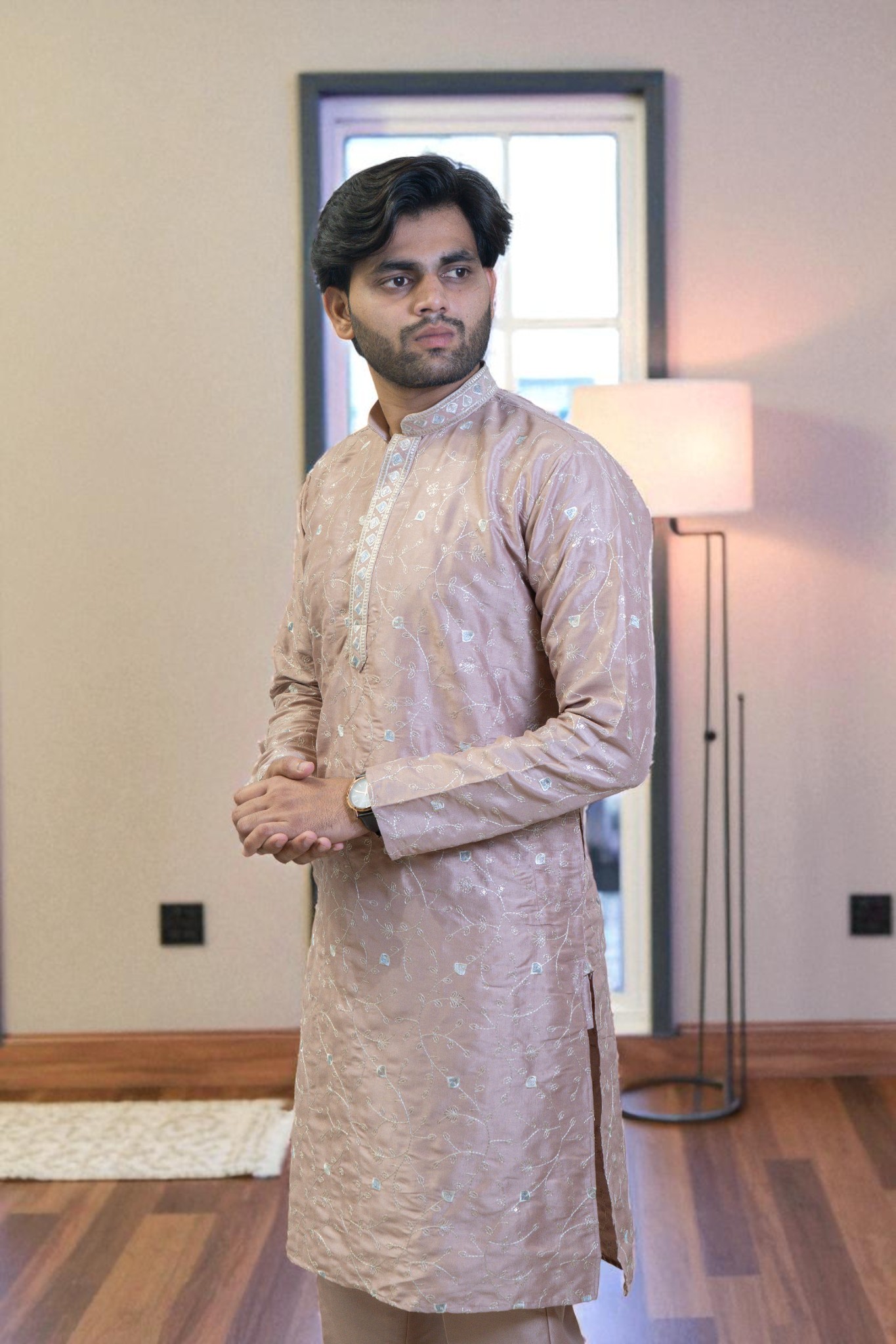 Men’s Kurta Pajama with Full Leaf Embroidery & Gala Design - Image 4