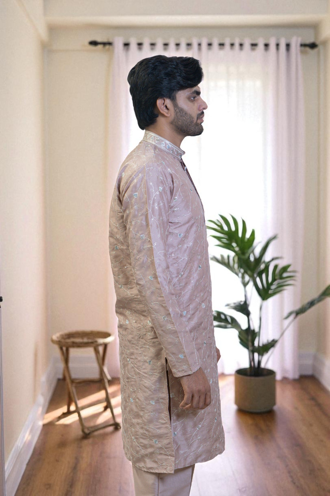 Men’s Kurta Pajama with Full Leaf Embroidery & Gala Design - Image 5