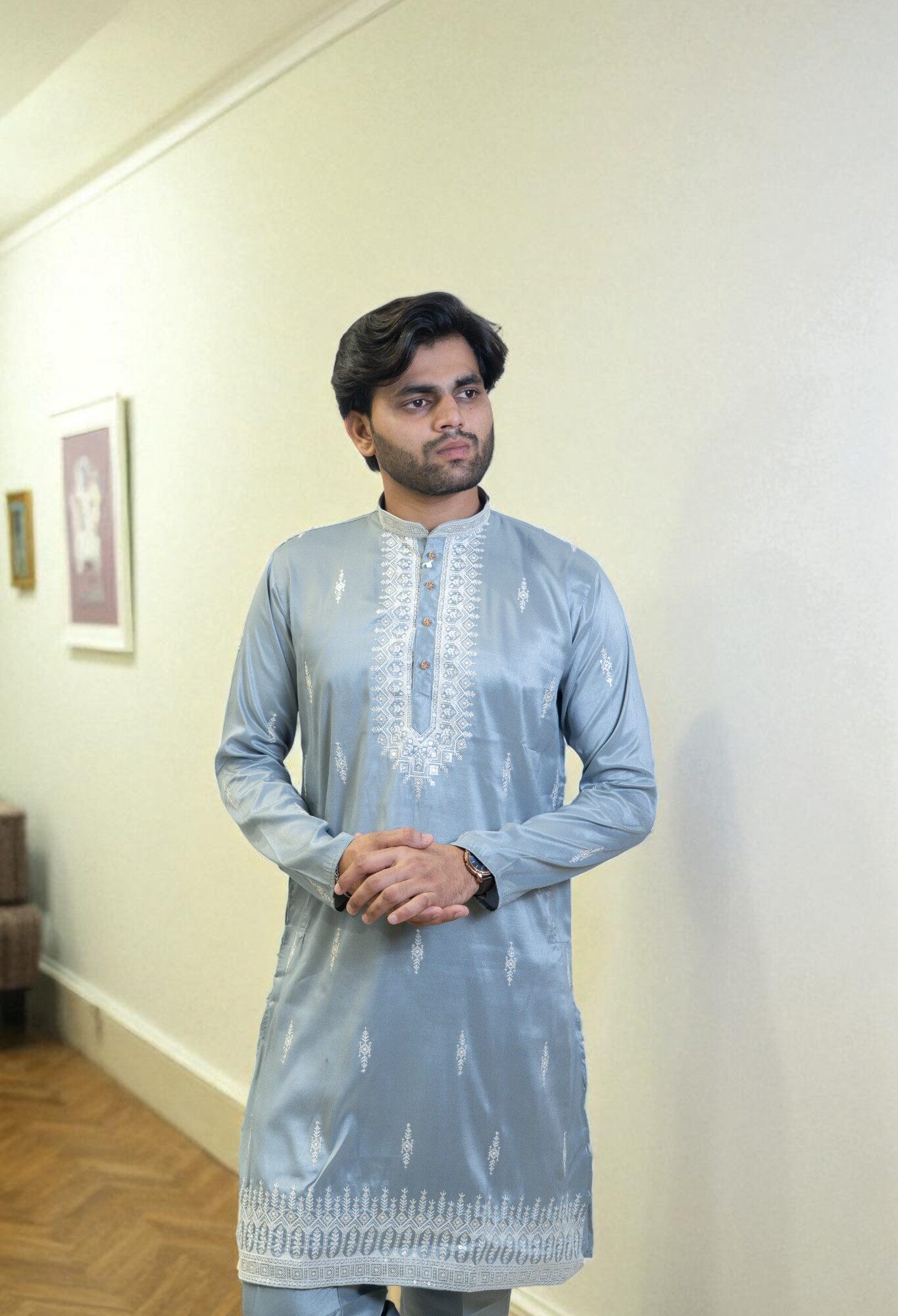 Grey Hand-Embroidered Cotton Silk Kurta Pajama