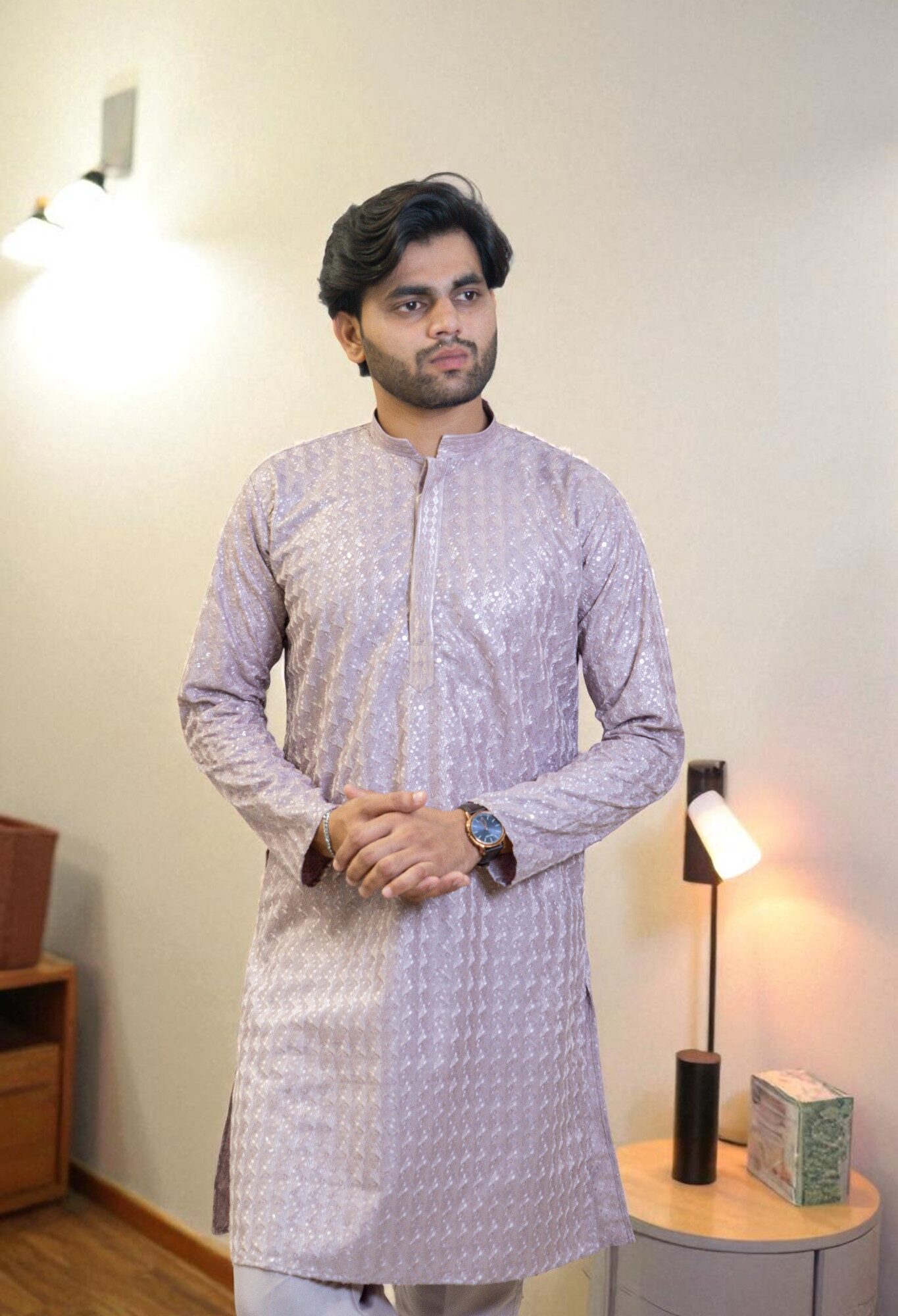 Onion Color Thread Work Kurta Pajama for Men – Stylish & Comfortable