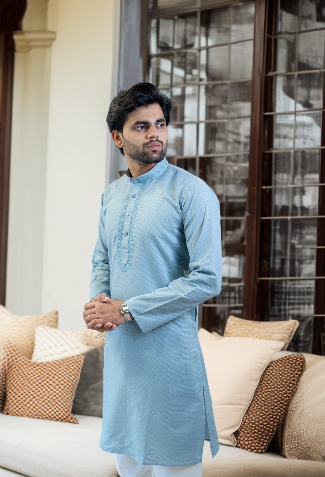 Sky Blue Cotton Kurta with White Pajama – Trendy & Comfortable