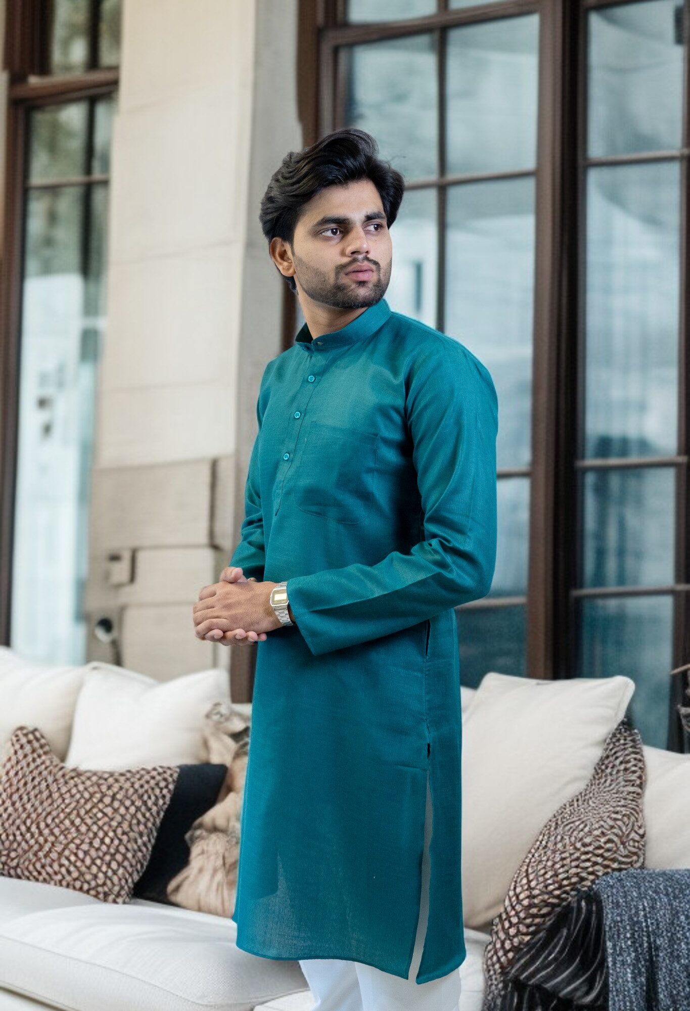 T Blue Plain Cotton Kurta with White Pajama – Comfortable, Stylish & Versatile