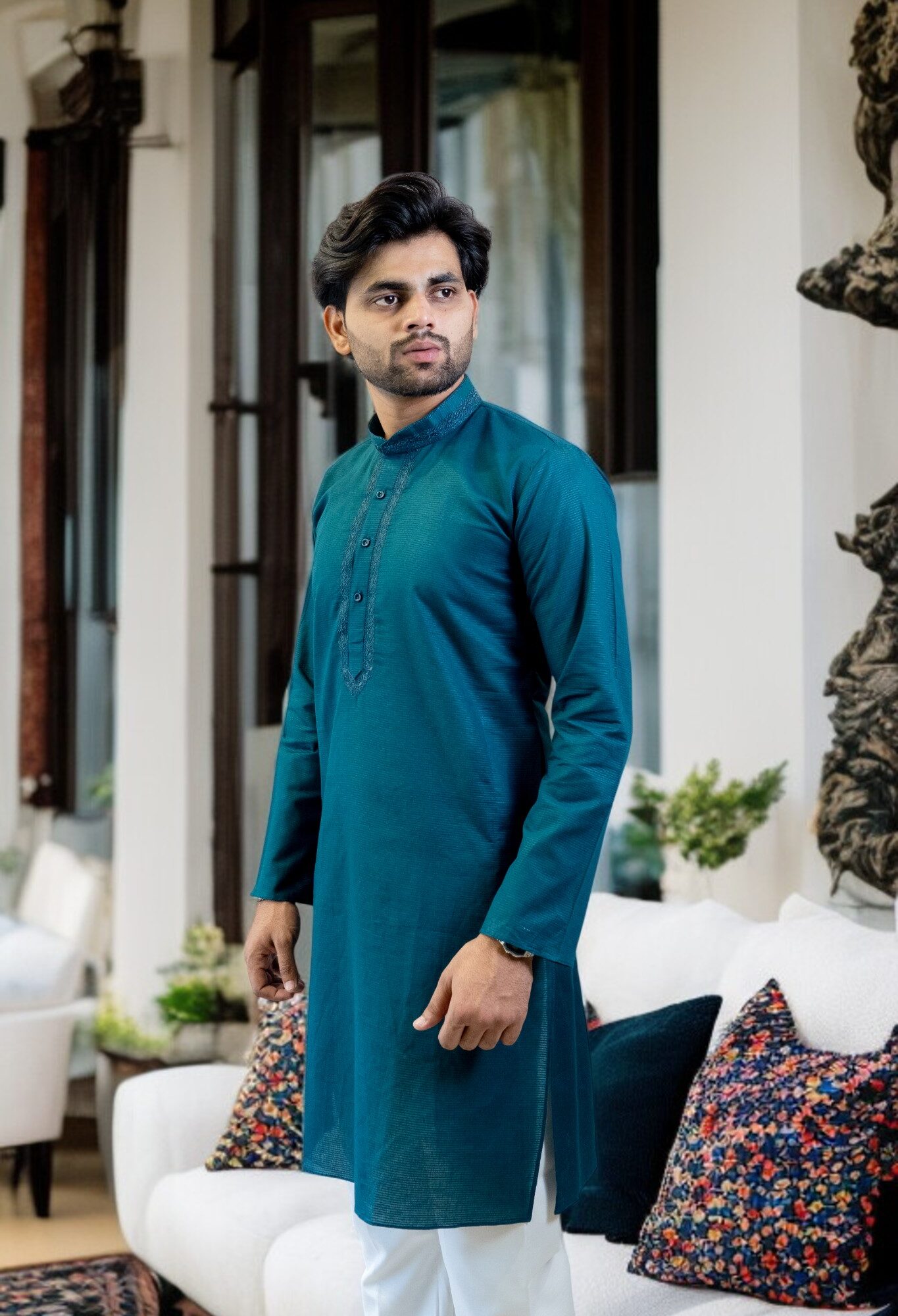 Blue Cotton Kadai Kurta with White Pajama