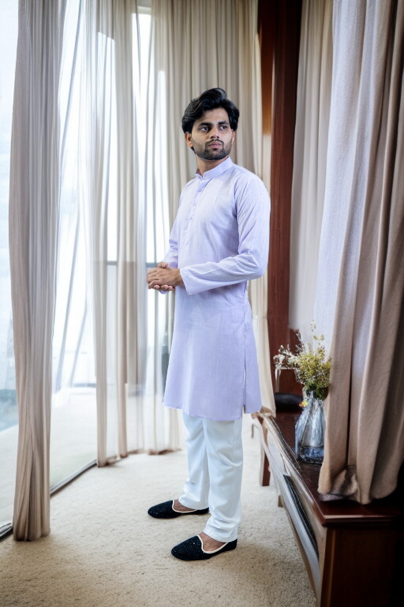 Lavender Cotton Kurta Pajama for Men - Image 3