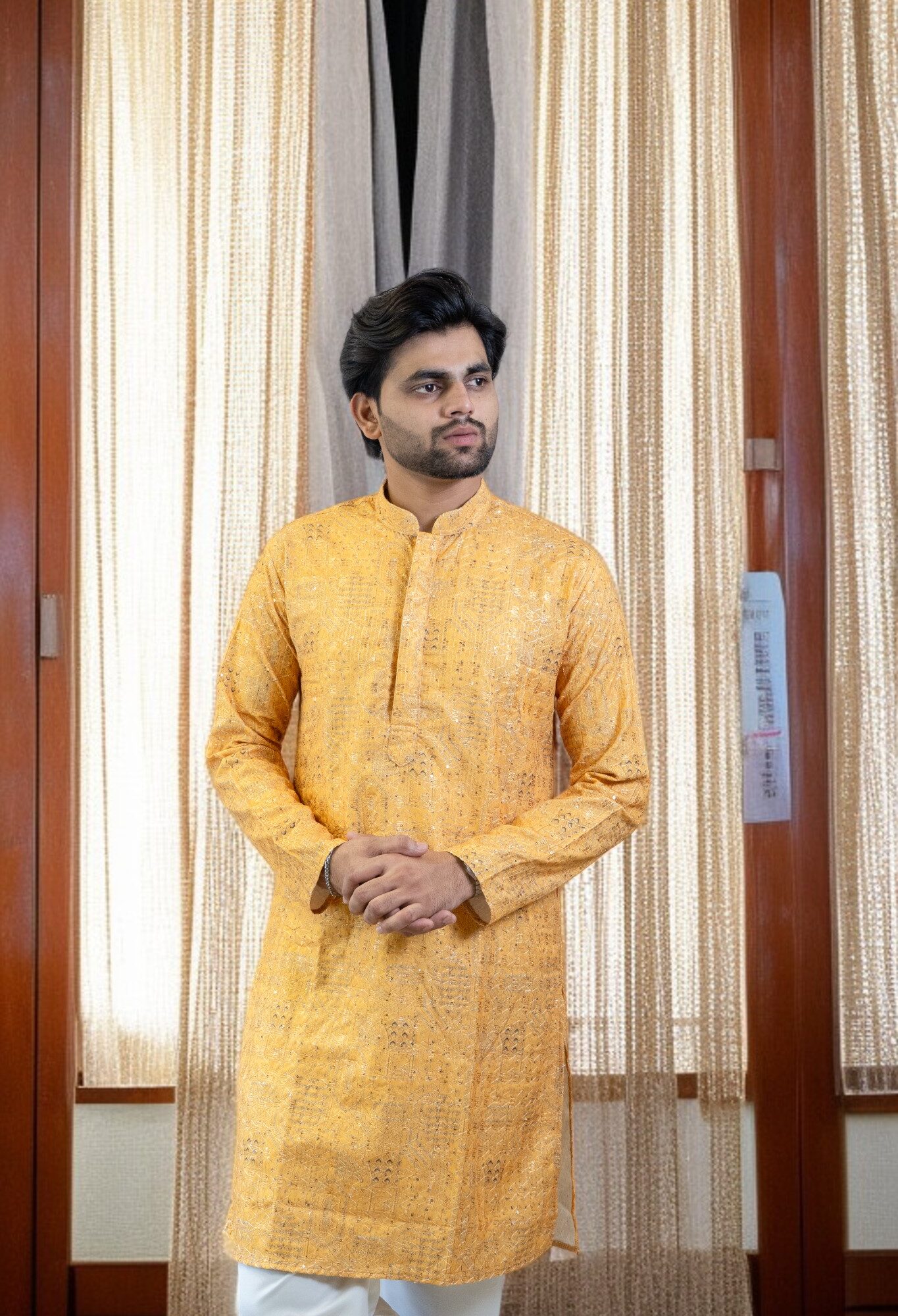 Yellow Printed Kurta with Pajama for Men