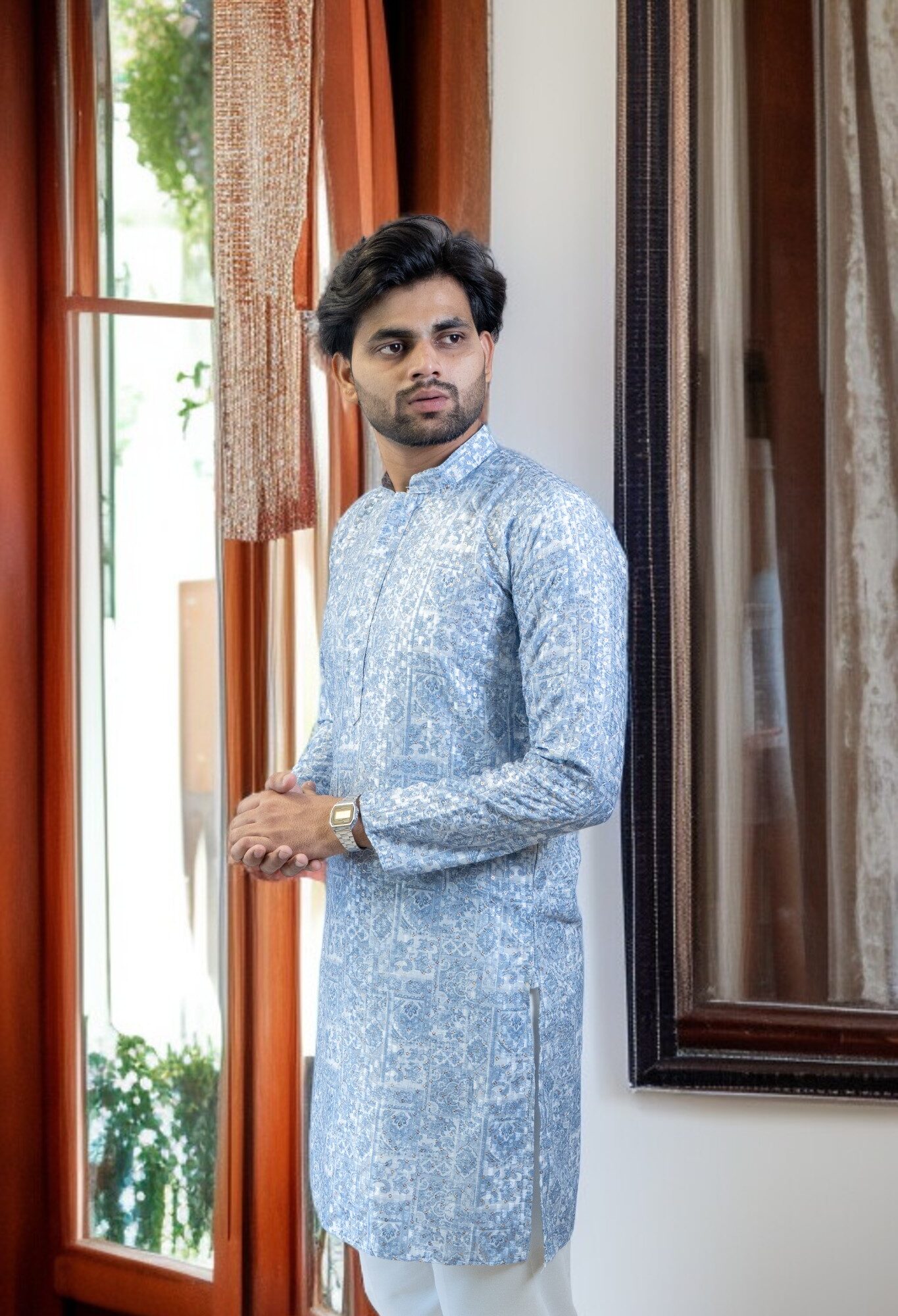 Sky Blue Printed Kurta with Pajama for Men