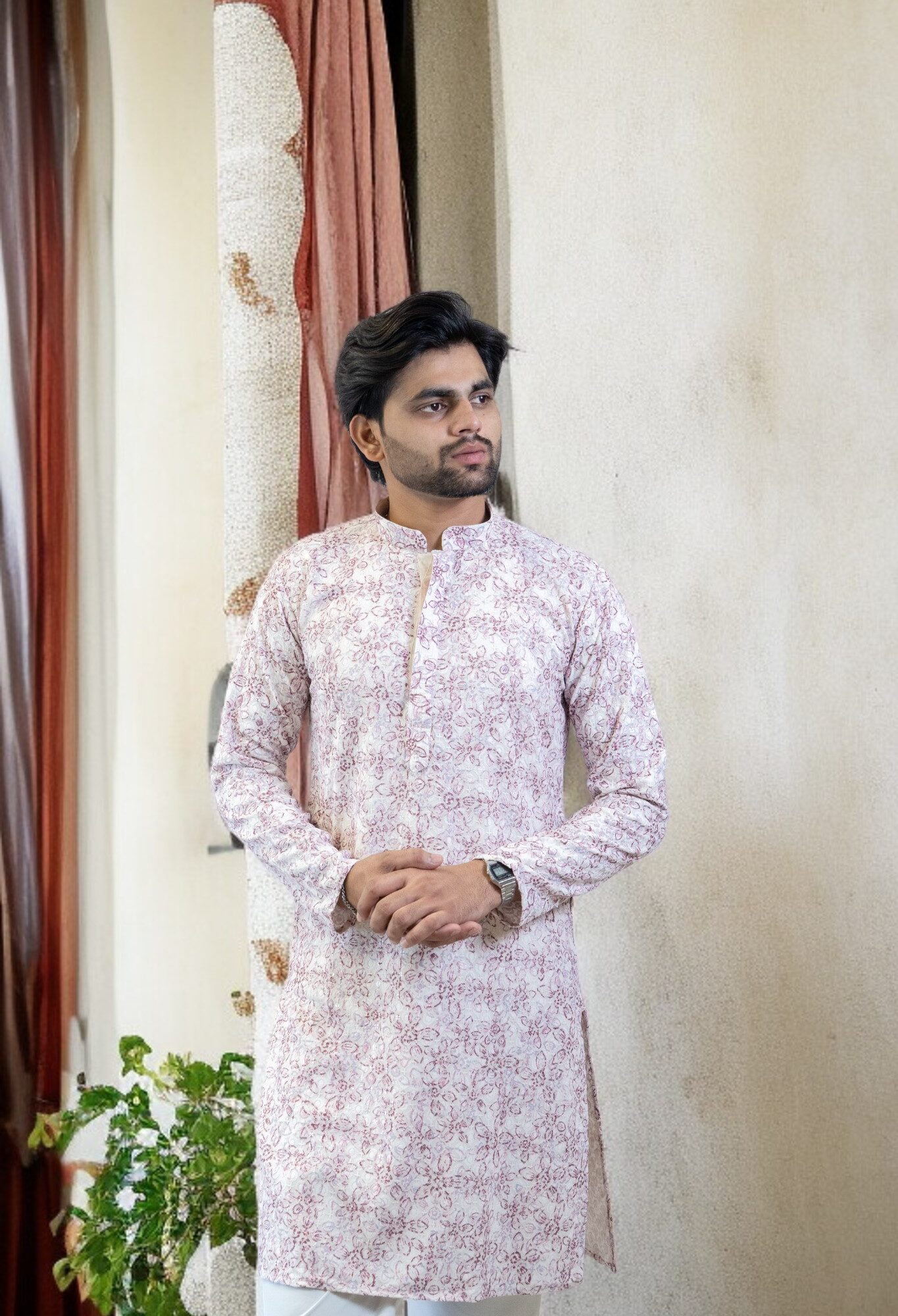 Lavender Printed Kurta with Pajama for Men