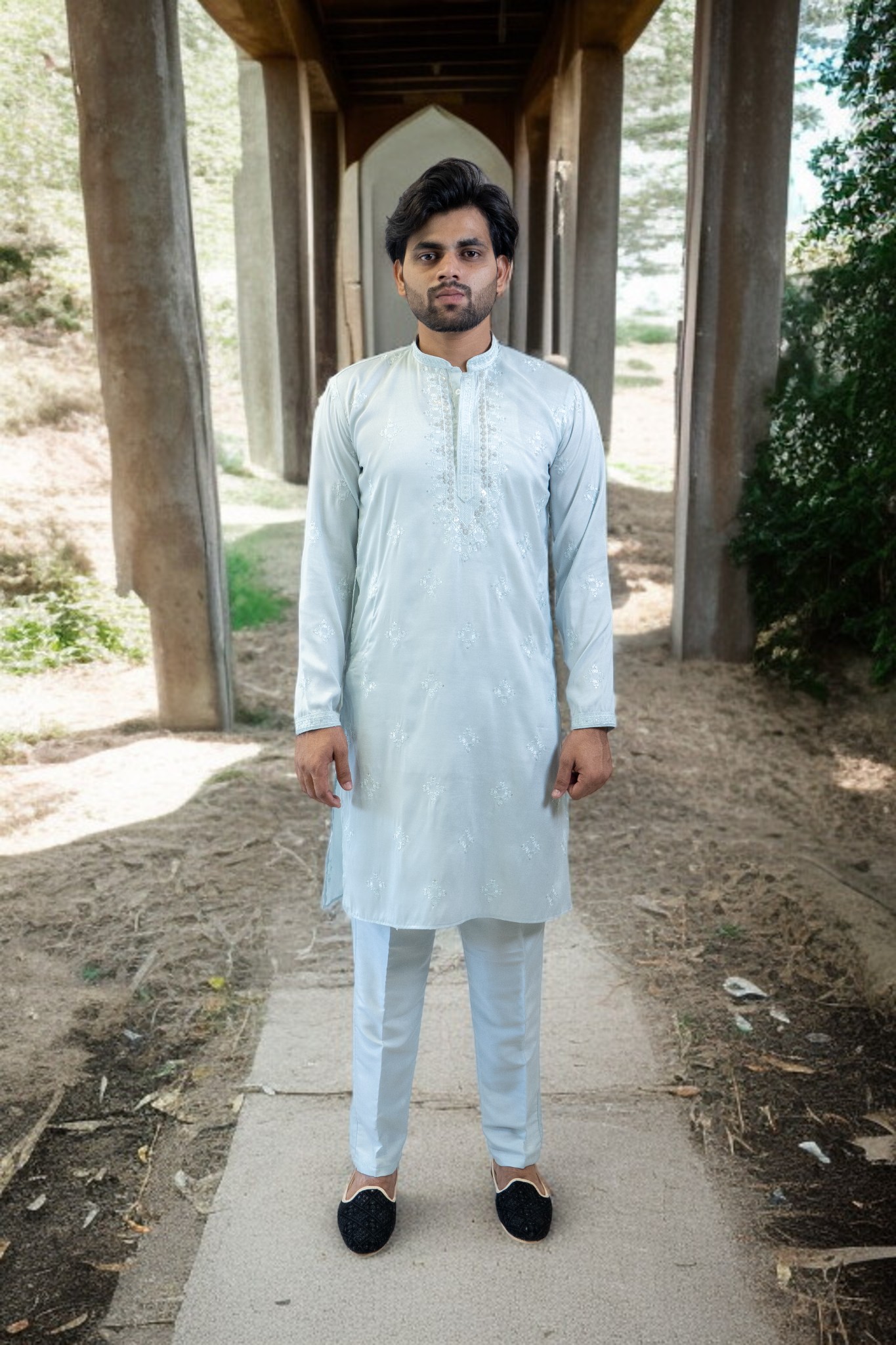 Sky Blue Kurta Pajama – Cotton Silk Fabric - Image 2