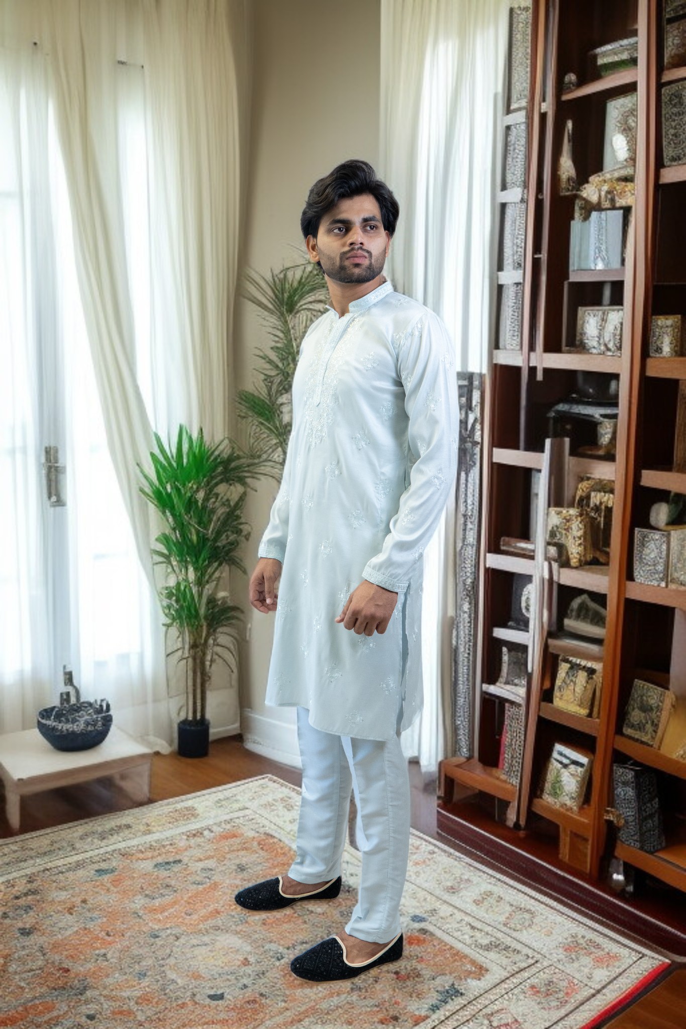 Sky Blue Kurta Pajama – Cotton Silk Fabric - Image 3
