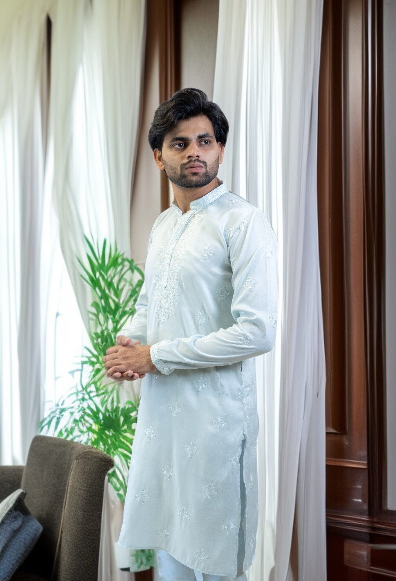 Sky Blue Kurta Pajama – Cotton Silk Fabric