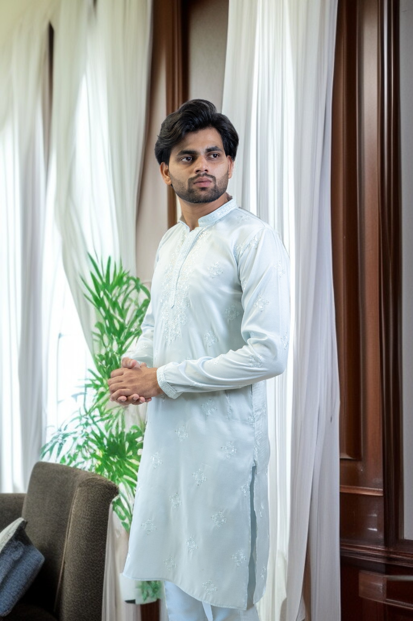 Sky Blue Kurta Pajama – Cotton Silk Fabric