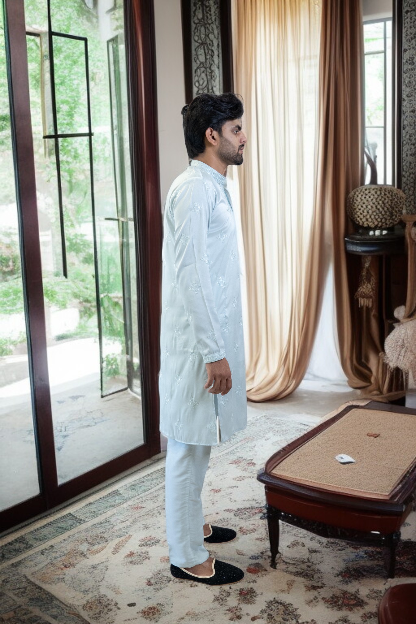 Sky Blue Kurta Pajama – Cotton Silk Fabric - Image 4