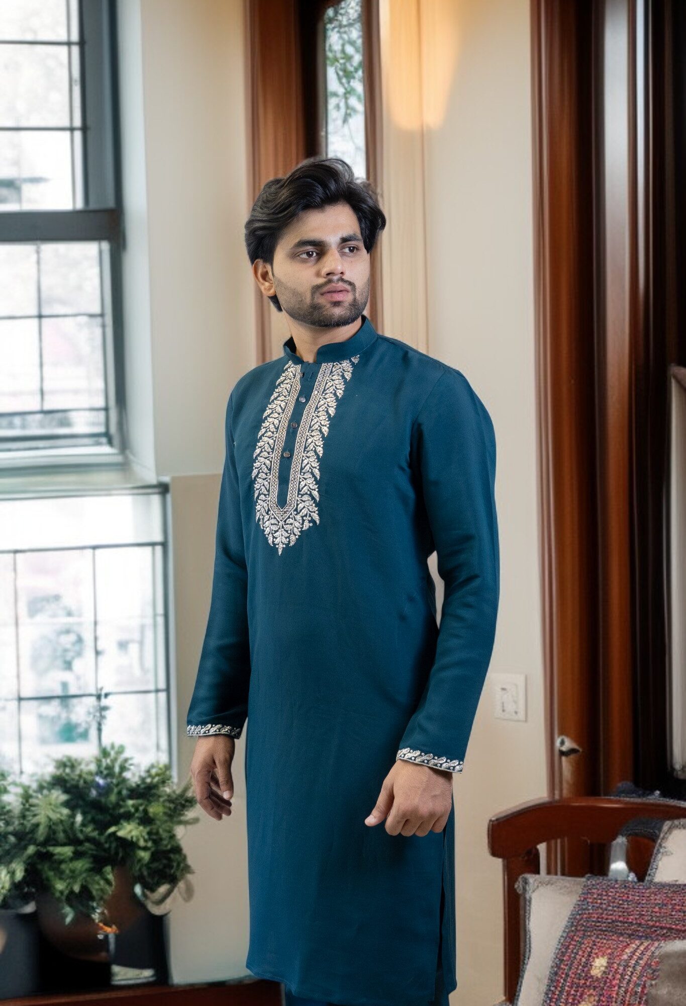 Blue Kurta Pajama Set with Dupatta – Silver Gala Embroidery
