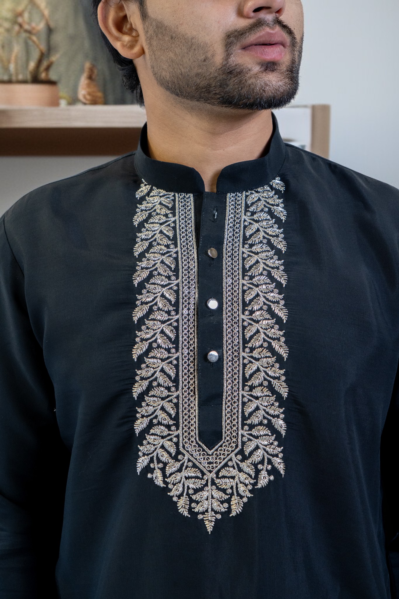 Black Kurta Pajama Set with Dupatta – Silver Gala Embroidery - Image 3