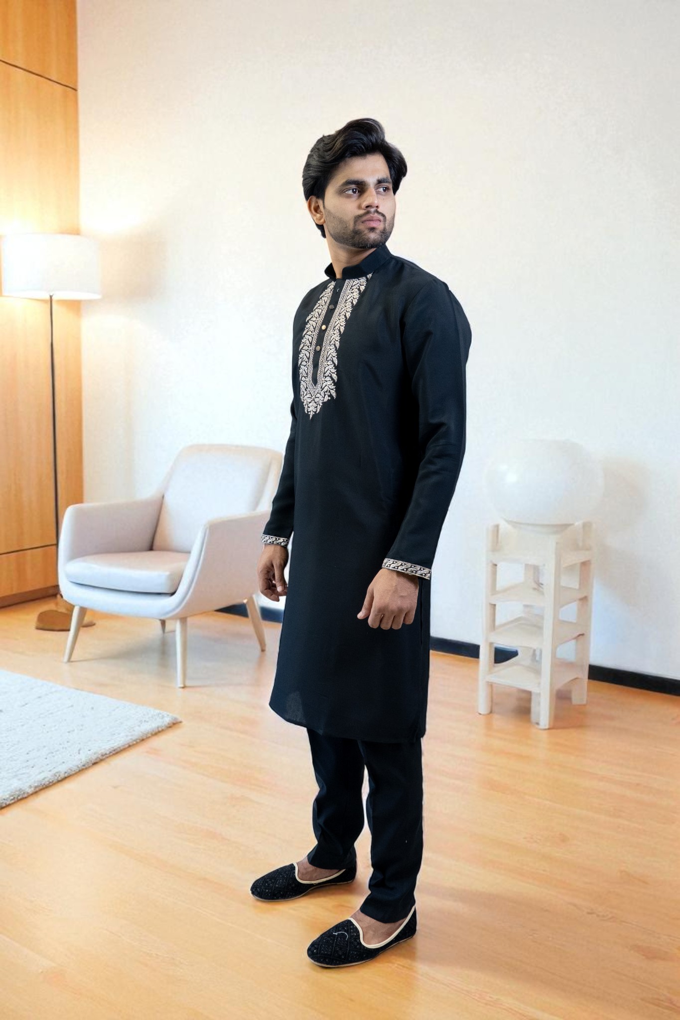 Black Kurta Pajama Set with Dupatta – Silver Gala Embroidery - Image 4