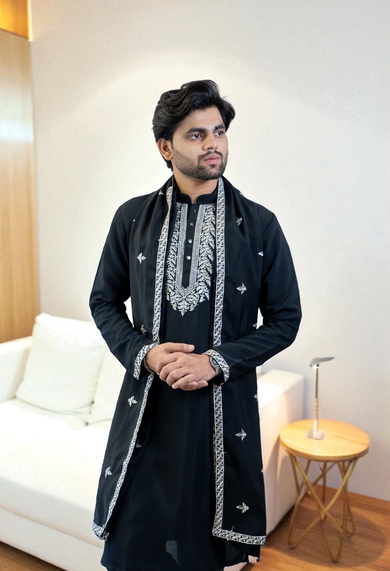 Black Kurta Pajama Set with Dupatta – Silver Gala Embroidery