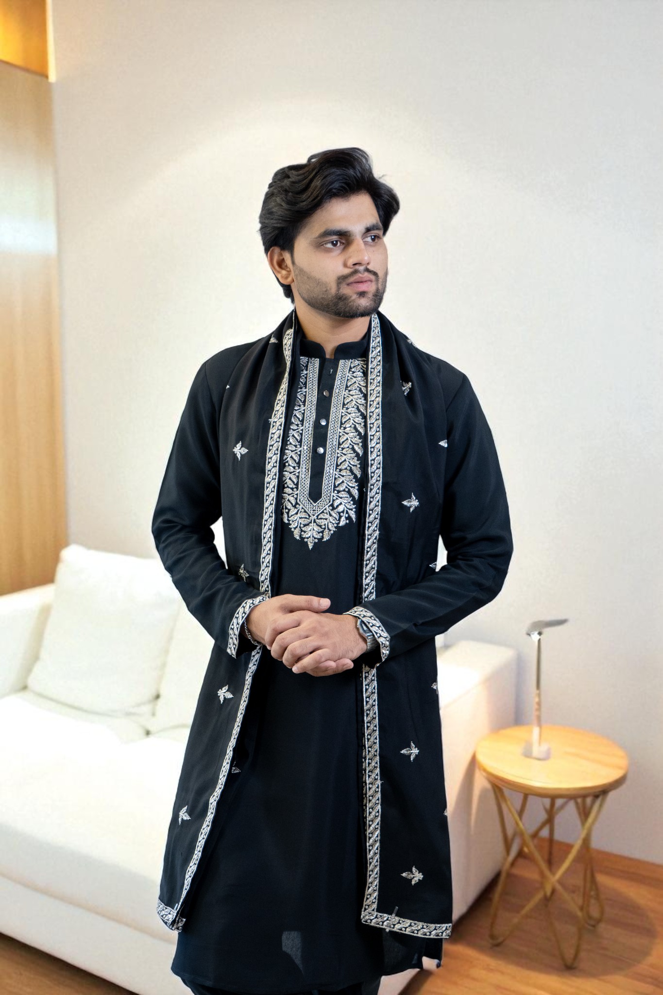 Black Kurta Pajama Set with Dupatta – Silver Gala Embroidery