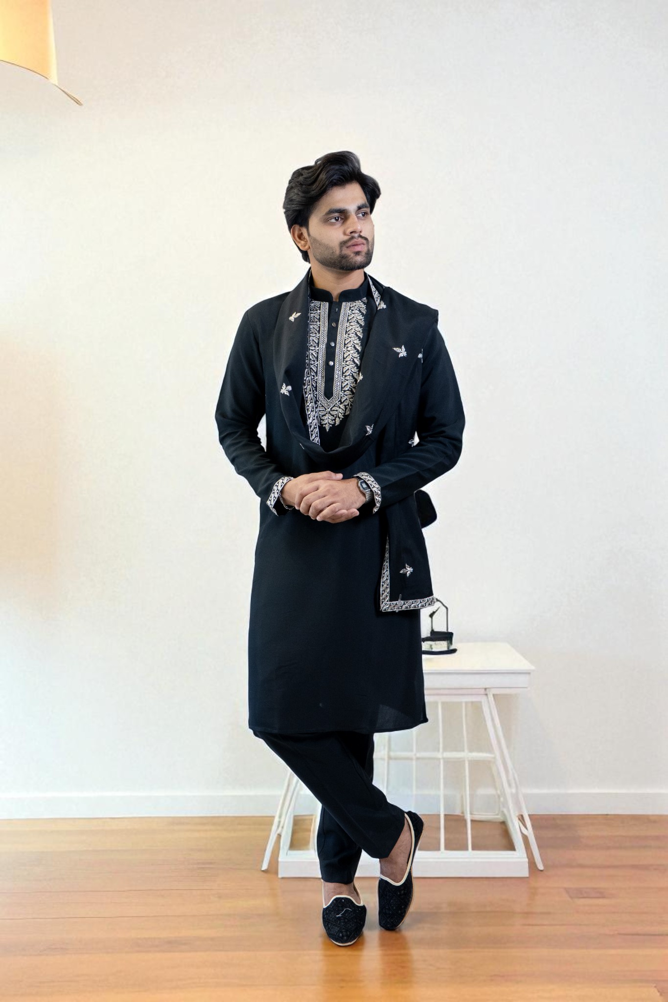 Black Kurta Pajama Set with Dupatta – Silver Gala Embroidery - Image 2