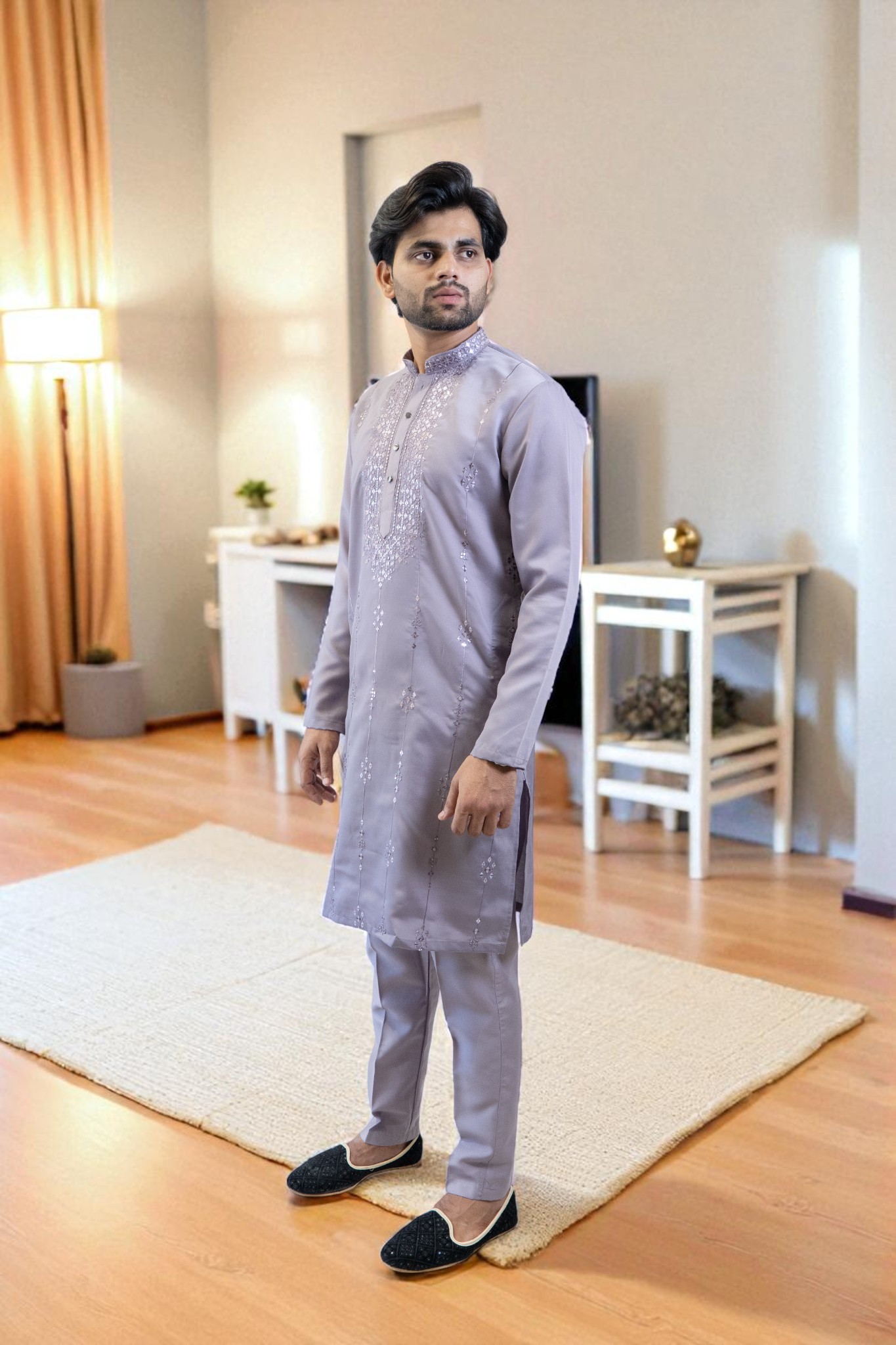 Lavender Kurta Pajama with Elegant Gala Design and Sparkling Glass Work - Image 2