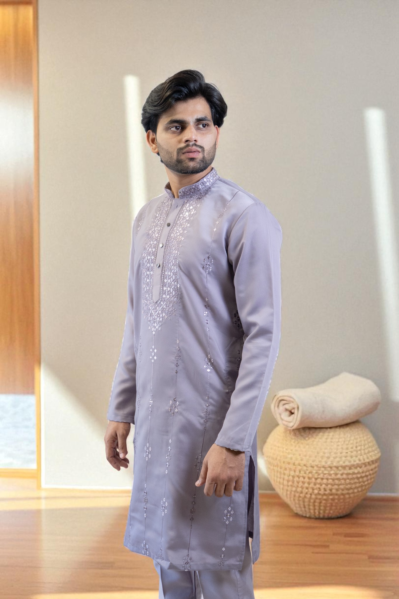 Lavender Kurta Pajama with Elegant Gala Design and Sparkling Glass Work - Image 4