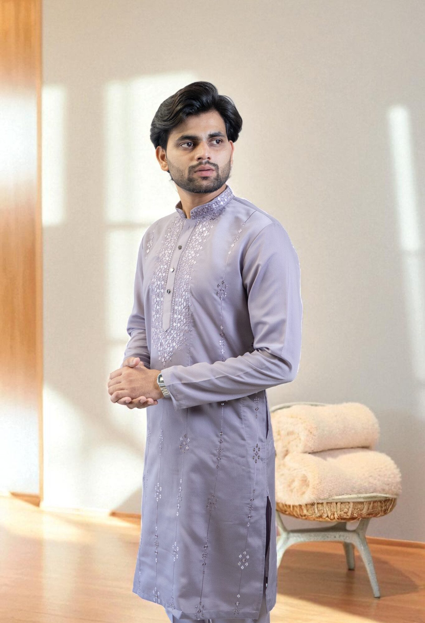 Lavender Kurta Pajama with Elegant Gala Design and Sparkling Glass Work