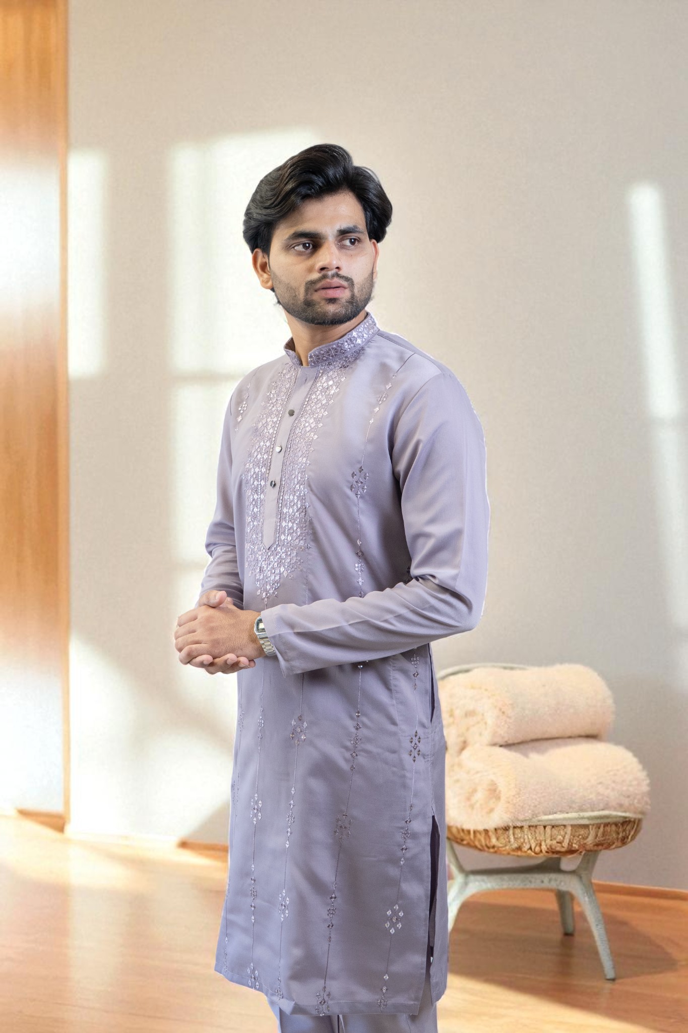 Lavender Kurta Pajama with Elegant Gala Design and Sparkling Glass Work