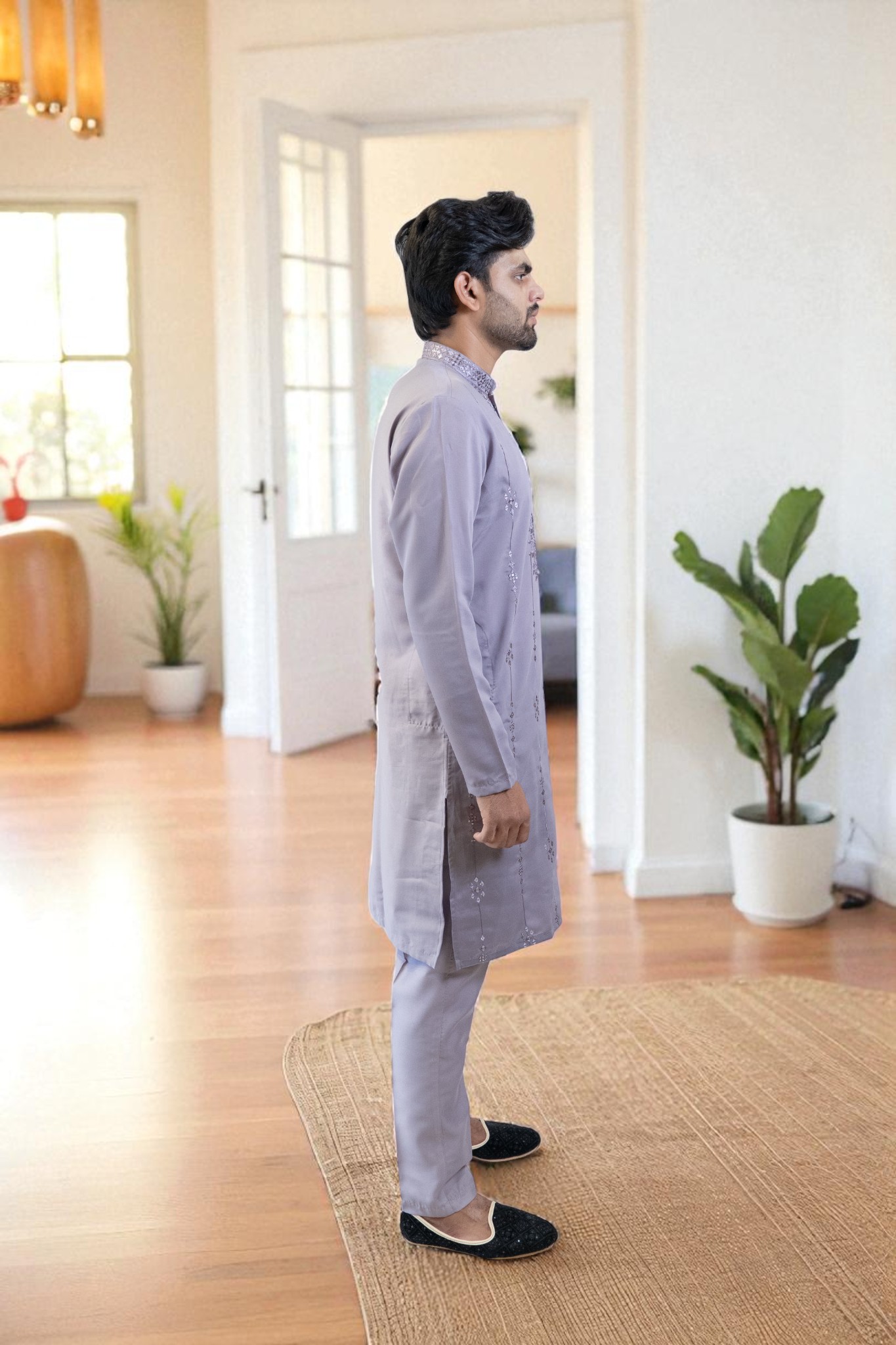 Lavender Kurta Pajama with Elegant Gala Design and Sparkling Glass Work - Image 3