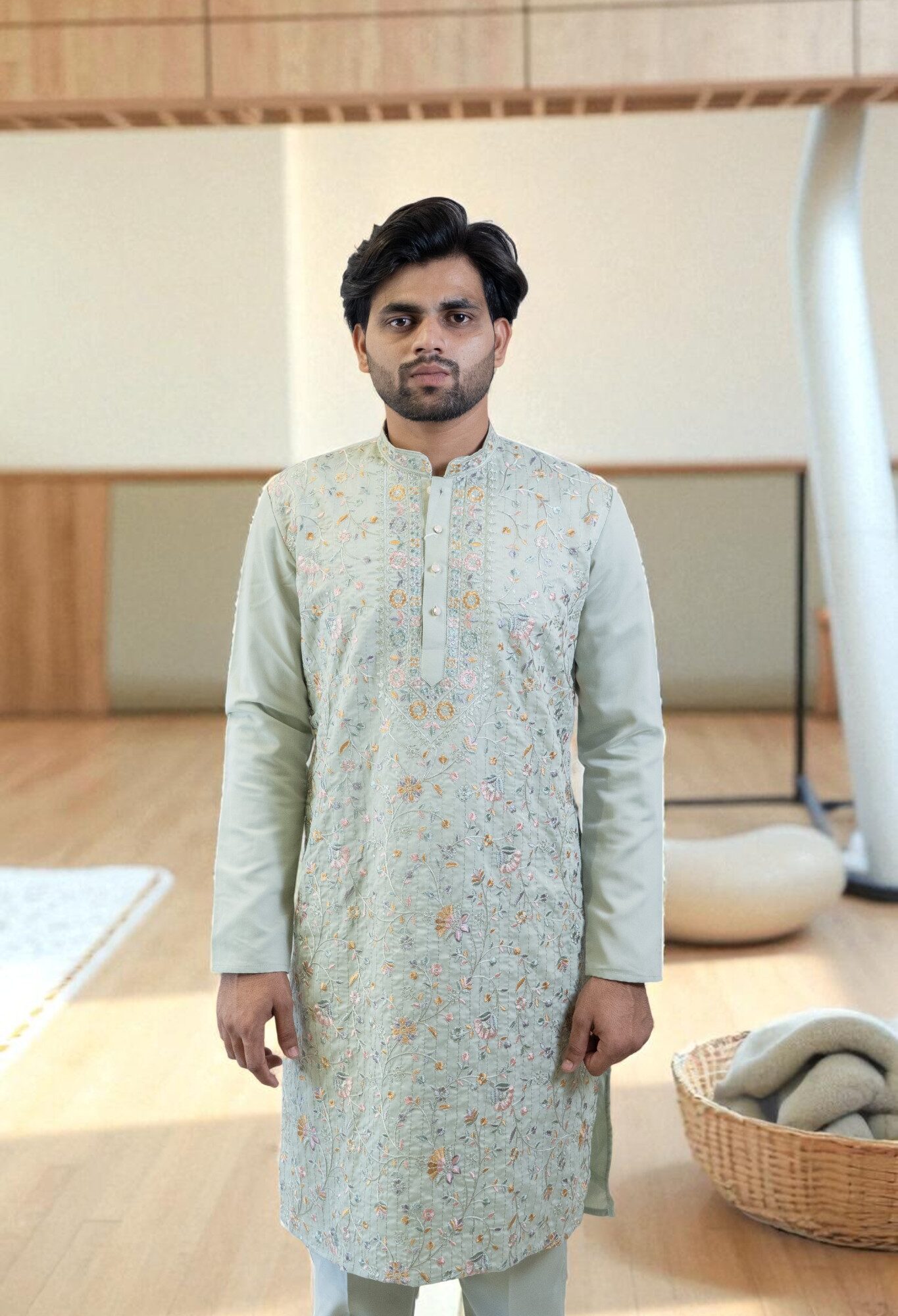 Bottle Green Kurta Pajama Set with Full Embroidery & Multi-Color Leaf Design